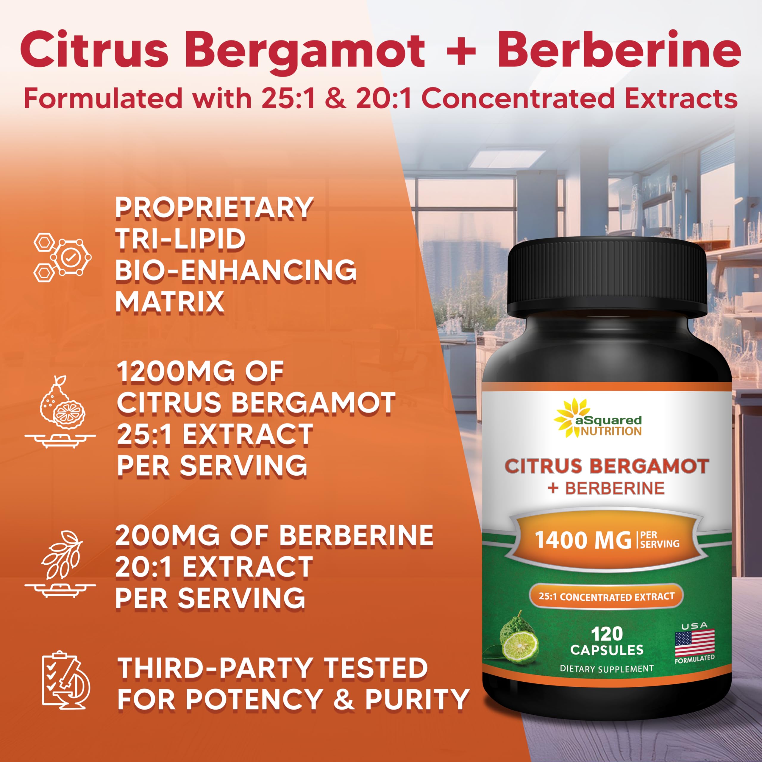 aSquared Nutrition Citrus Bergamot with Berberine Supplement - 1400mg Per Serving Max Strength Complex - 120 Capsules - Supports Cardiovascular Health - Pills Alternative to Gummies & Liquid Drops