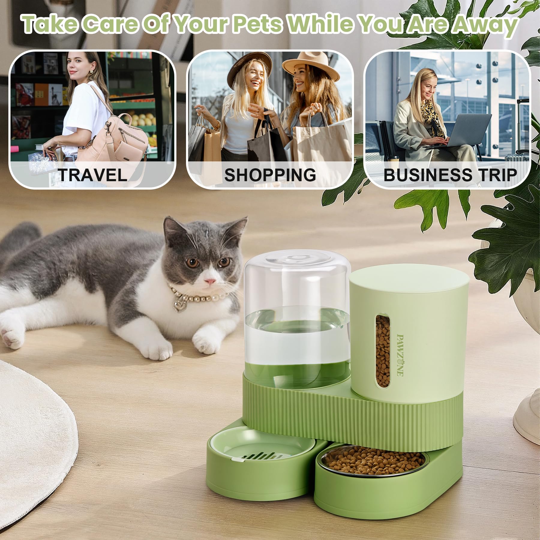 Automatic Cat Feeder Stainless Steel Water Dispenser Gravity Food Feeder and Waterer Set with Pet Food Bowl for Small Medium Kitten Puppy Pets Large Capacity(Green)