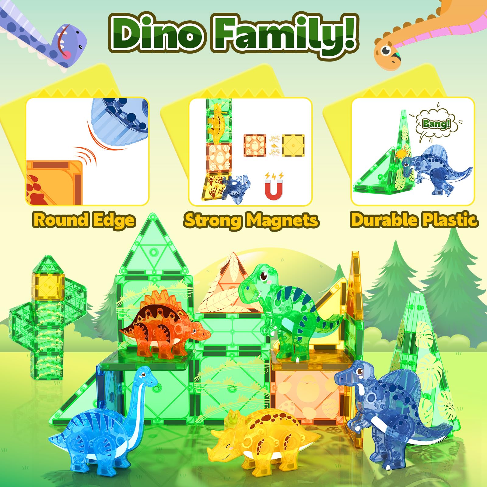 Dinosaur Toys Magnetic Tiles 3D Movable Dinos for Kids 3-5 5-7 Toddler Toy