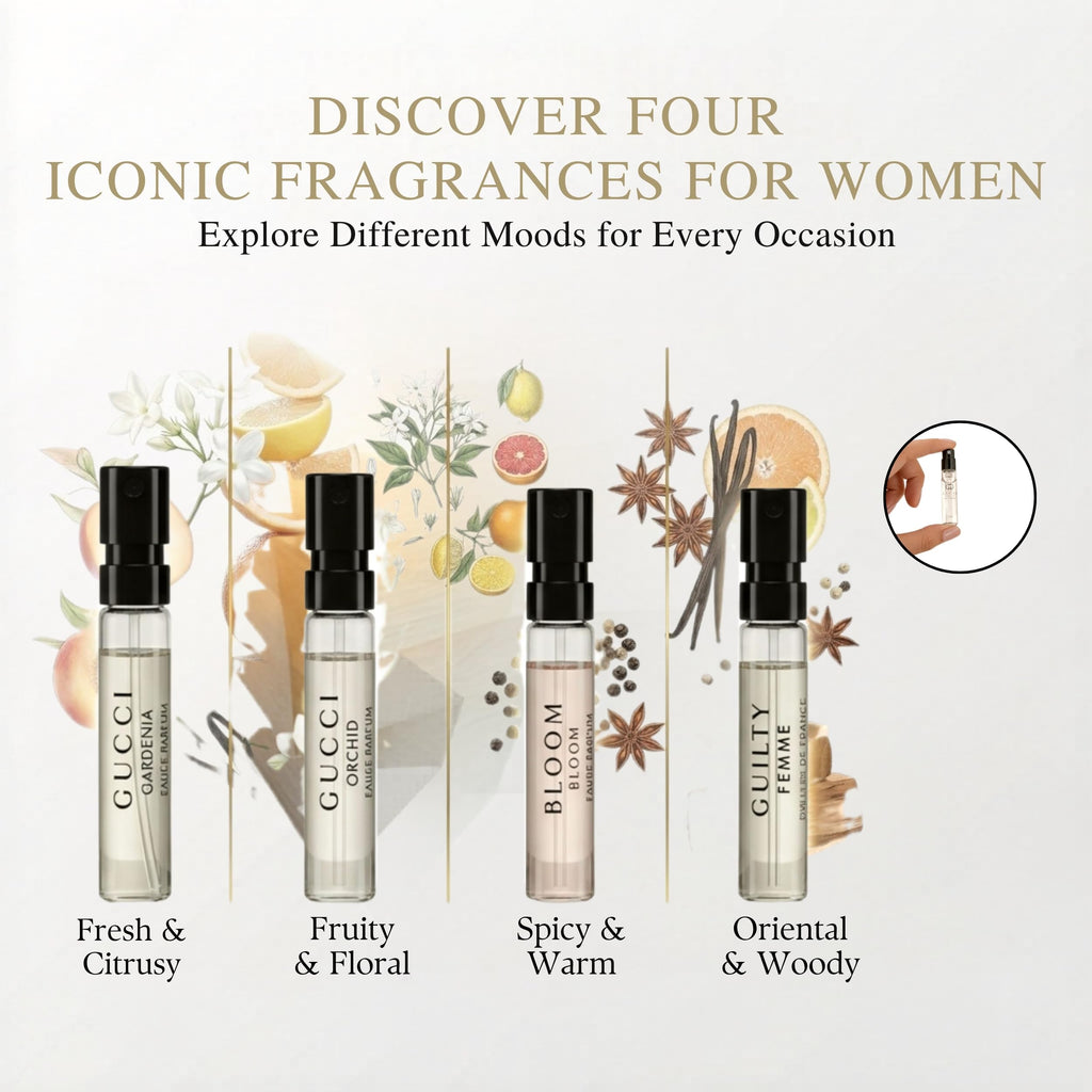 Gucci FLORA Sample Perfume WOMEN GIFT SET FLORA GOREGEOUS GARDENIA, FLORA GORGEOUS ORCHID, BLOOM, GUILTY Pour Femme - 1.5 ml / 0.05 oz - set of 4 spray samples (7760)