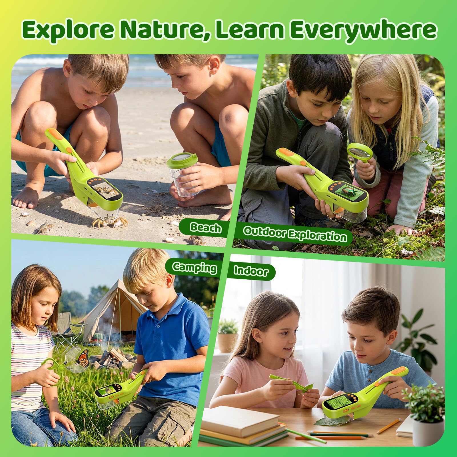 Handheld Microscope for Kids, Outdoor Explorer STEM Toy with Bonus Tools, 2.4" IPS Screen, Ergonomic Grip, Digital Camera, Photo/Video, Magnifier, Science Kit – Gift for Boys & Girls Age 3-12