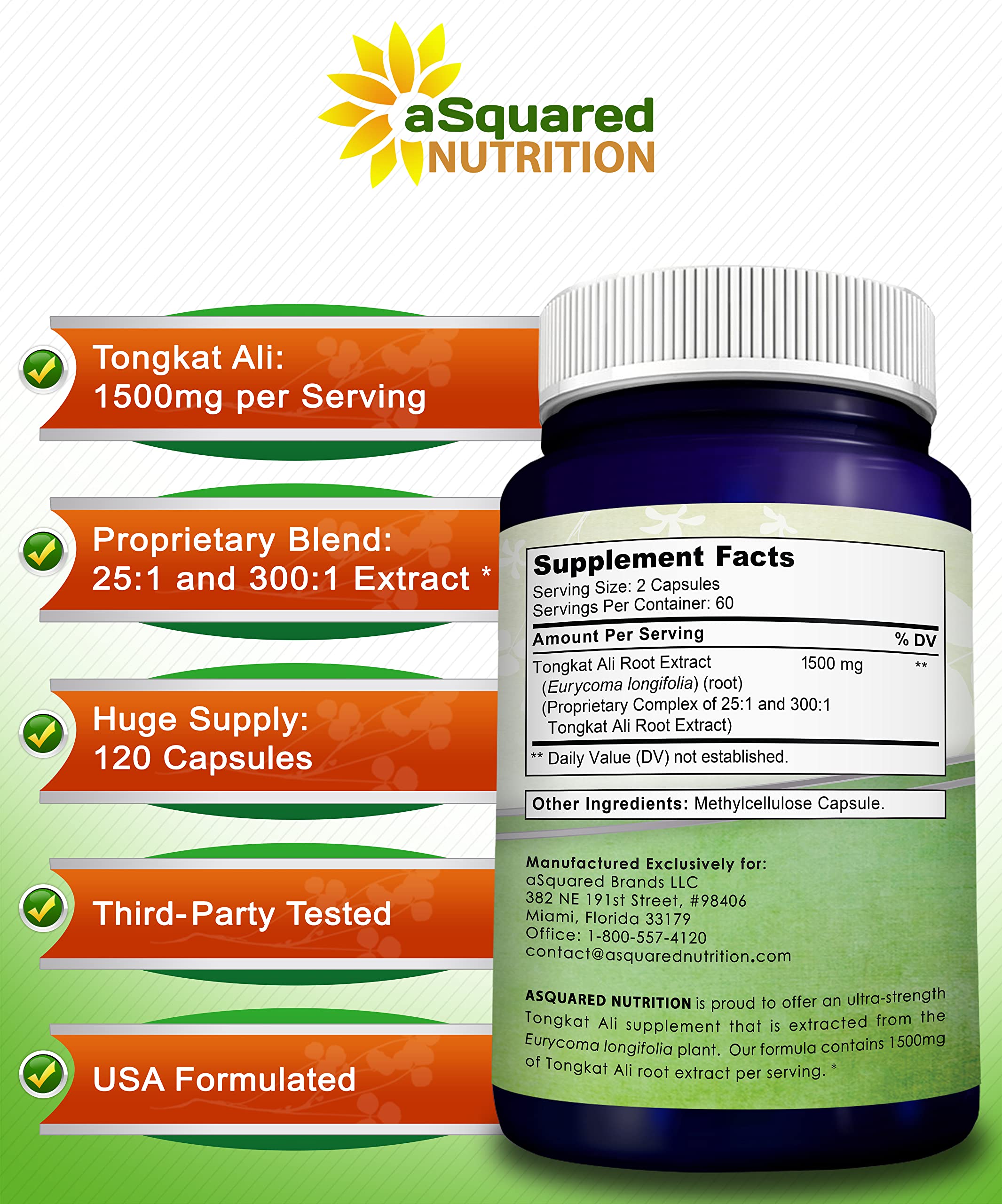 aSquared Nutrition Tongkat Ali 1500mg - 120 Capsules - Longjack (Eurycoma Longifolia) Extract Supplement & Long Jack Root Powder Pills - Tongkat Ali for Men & Women