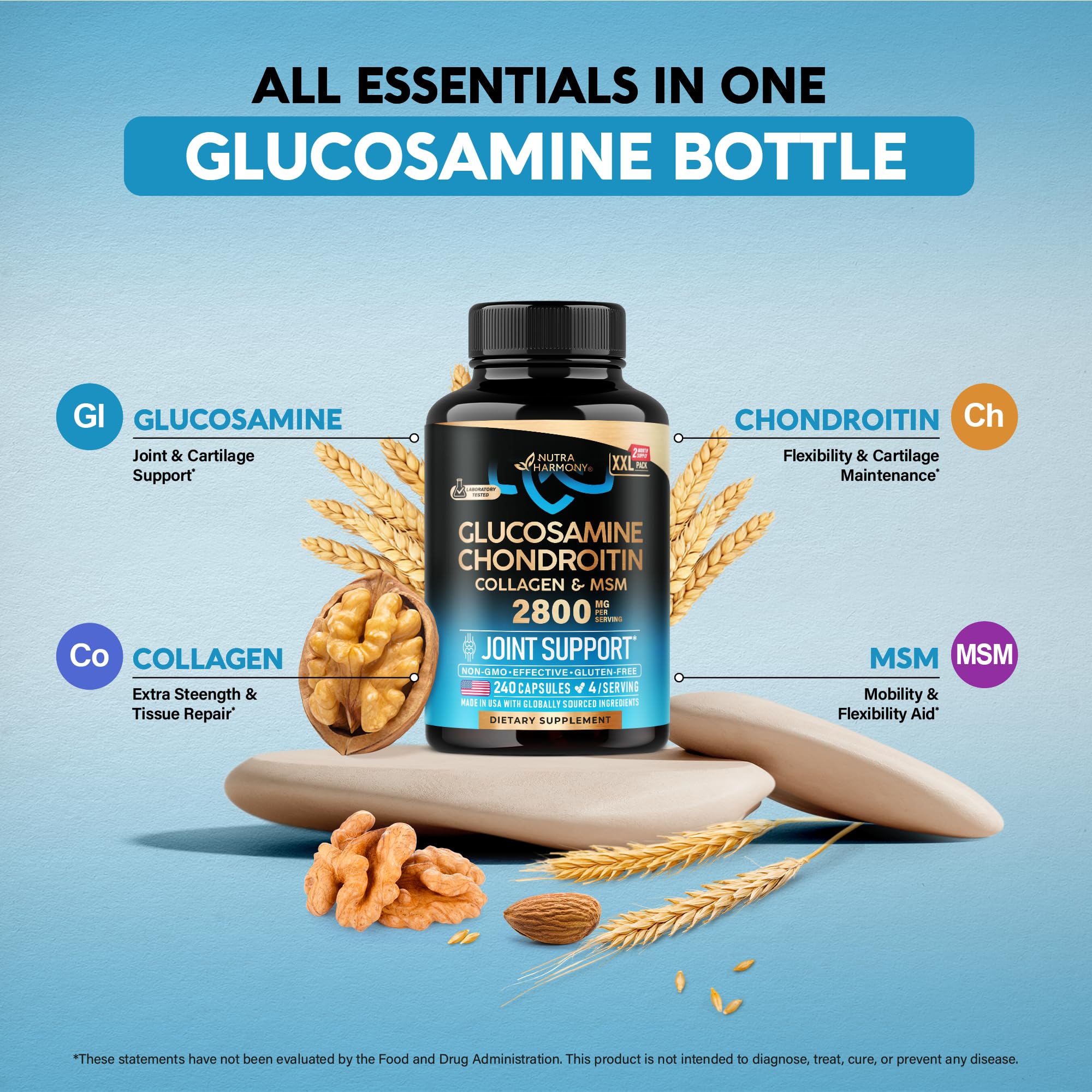 Glucosamine Chondroitin MSM Collagen | HSA | FSA Approved Product Items | Joint & Cartilage Support Supplement 2800 mg | Flexibility Nutritional Vitamins | Lab Tested | For Men & Women | 240 Capsules