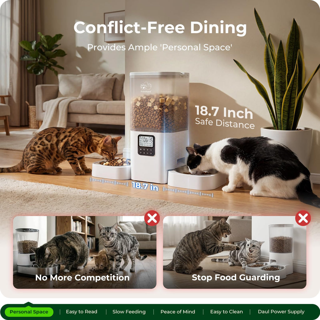 Frienhund Timed Automatic Cat Feeder 2 Cats with Slow Feed: Dual Automatic Dog Feeder with Information Visualization, Programmable Auto Cat Food Dispenser for Multiple Pets,Detachable for Clean-29 Cup