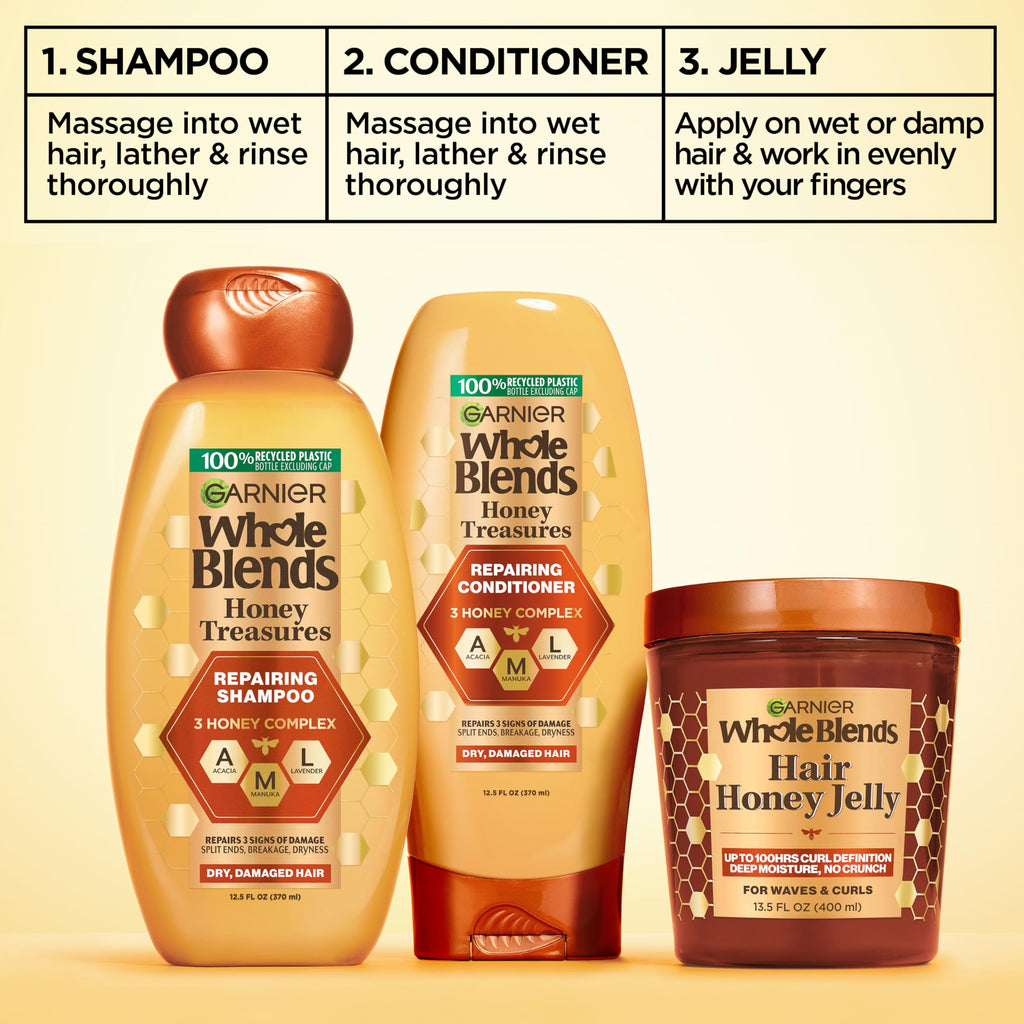 Garnier Whole Blends Hair Honey Jelly for Defining Wavy and Curly Hair, Hair Gel for Up to 100HRs Curl Definition, Frizz Control and Deep Moisture, 13.5 Fl Oz, 2 Count