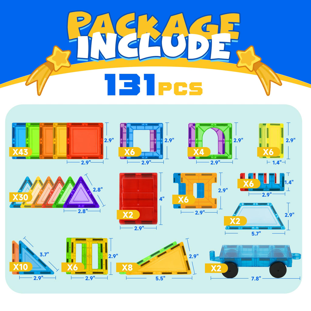 W WISE BLOCK Magnetic Tiles 131 PCS with 2 Cars STEM Toys for Kids Ages 3-8