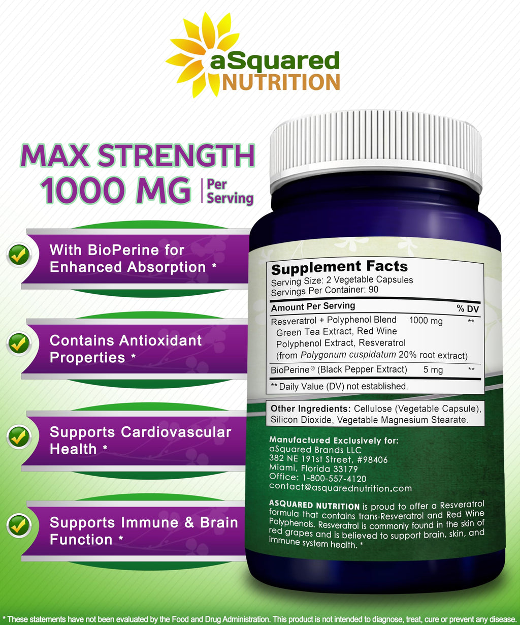 aSquared Nutrition Natural Resveratrol with Red Wine Extract - 180 Capsules - Trans Resveratrol Antioxidant Supplement Pills for Pure Heart Health - Extra Strength Trans-Resveratrol