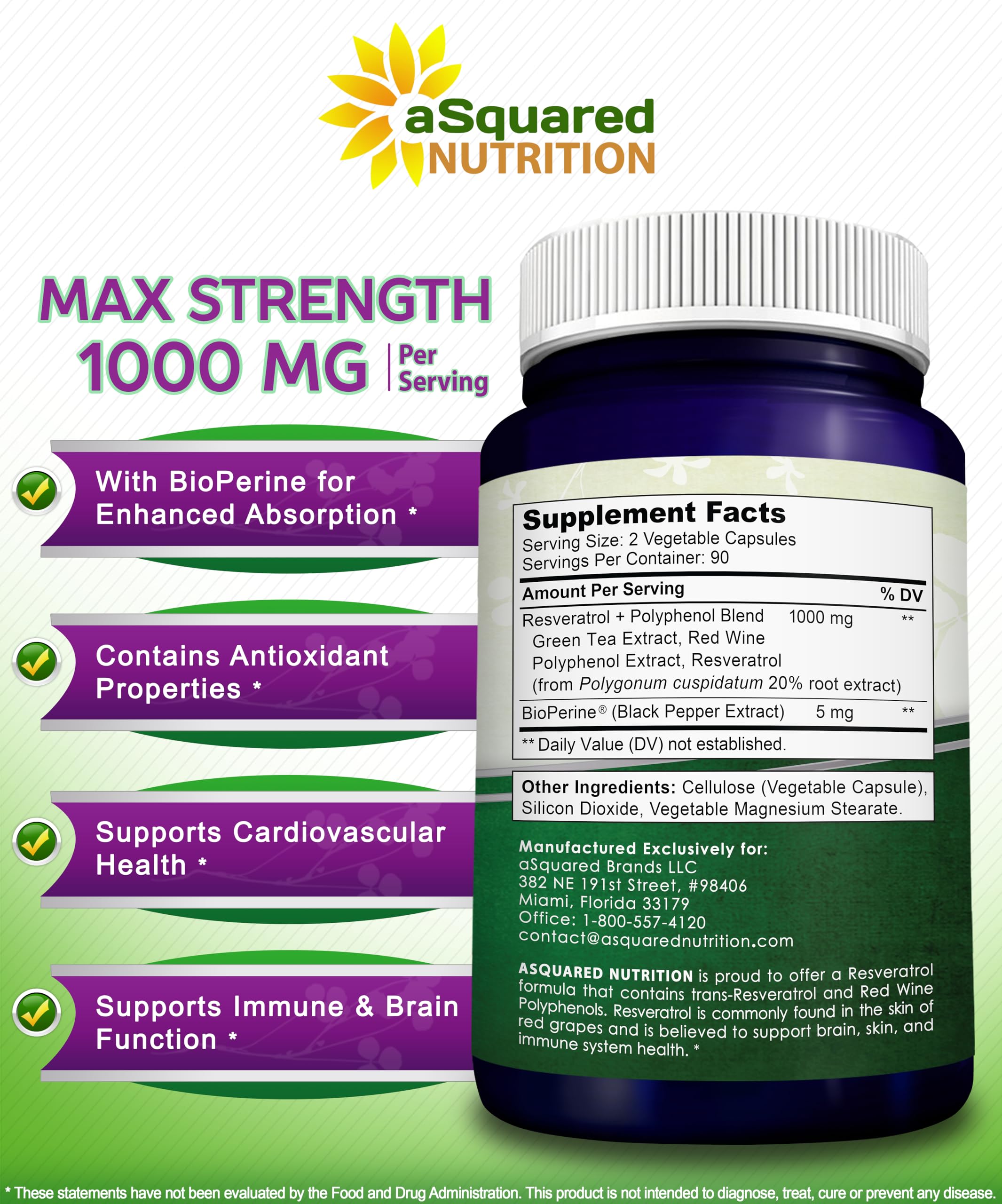 aSquared Nutrition Natural Resveratrol with Red Wine Extract - 180 Capsules - Trans Resveratrol Antioxidant Supplement Pills for Pure Heart Health - Extra Strength Trans-Resveratrol
