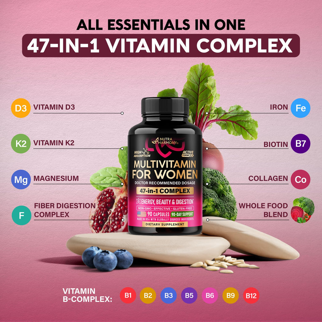 Multivitamin for Women - B-Complex | Whole Foods | Hair Growth Support | Digestion & Metabolism | Iron - 47in1 Womens Multivitamin - Bioavailable & Gentle on Stomach - 90 Capsules, 3 Month Supply