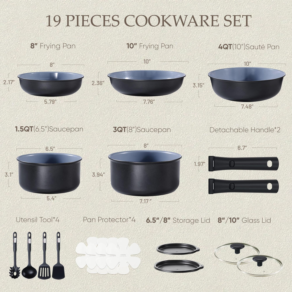 CAROTE 19pcs Ceramic Cookware Set Detachable Handle,Pots and Pans Non Stick