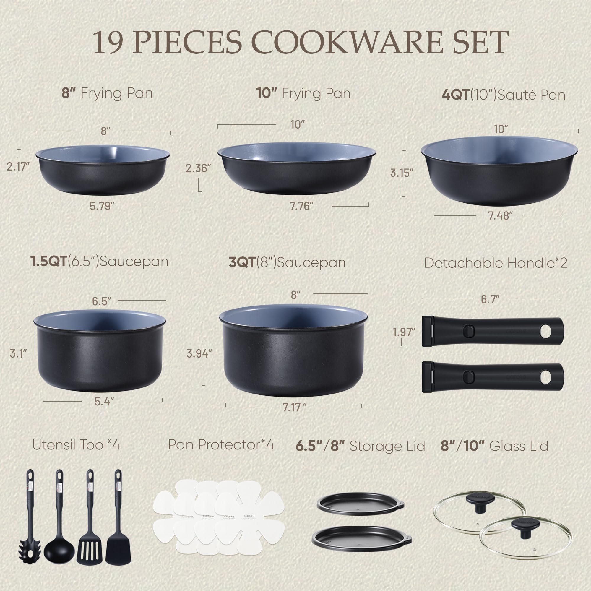 CAROTE 19pcs Ceramic Cookware Set Detachable Handle,Pots and Pans Non Stick