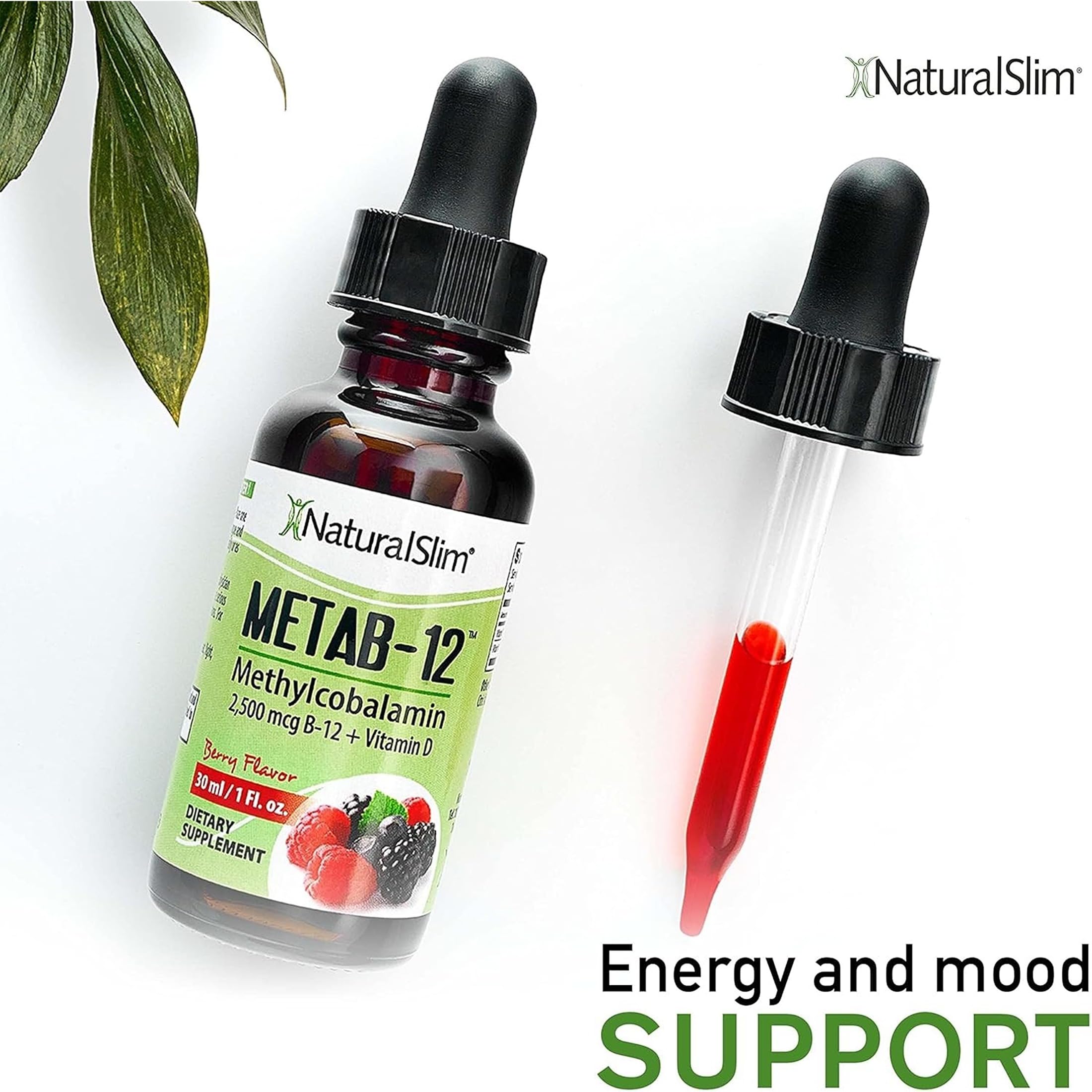 NaturalSlim Liquid B12 Vitamins with Vitamin D - Metab-12 Methylcobalamin 2500 mcg B12 Sublingual Drops for Metabolism, Energy, & Immune Support - Berry Flavor 1 fl oz