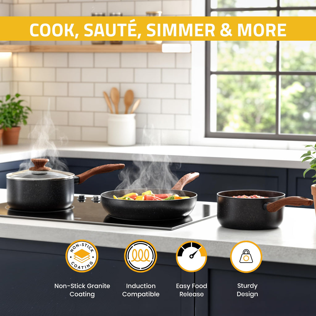 KICHLY Granite Pots and Pans Cookware Set 8 Piece PFOA-Free