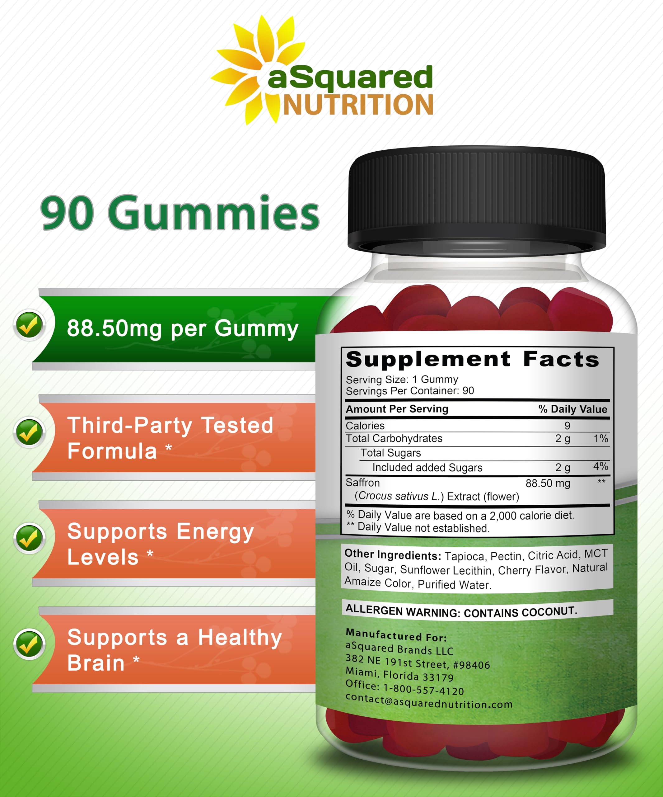 aSquared Nutrition Saffron Gummies - Saffron Extract Supplement - Pure Gummy Supplements Alternative to Capsules, Pills, Powder & Tea