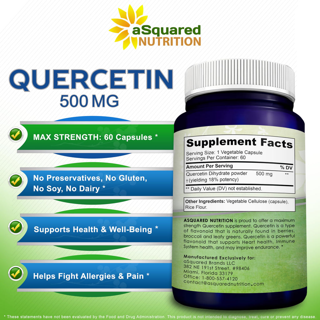 aSquared Nutrition Quercetin 500mg Supplement - 60 Capsules - Quercitin Dihydrate Powder Complex Pills to Support Immune Response & Cardiovascular Health - Pure & Max Strength