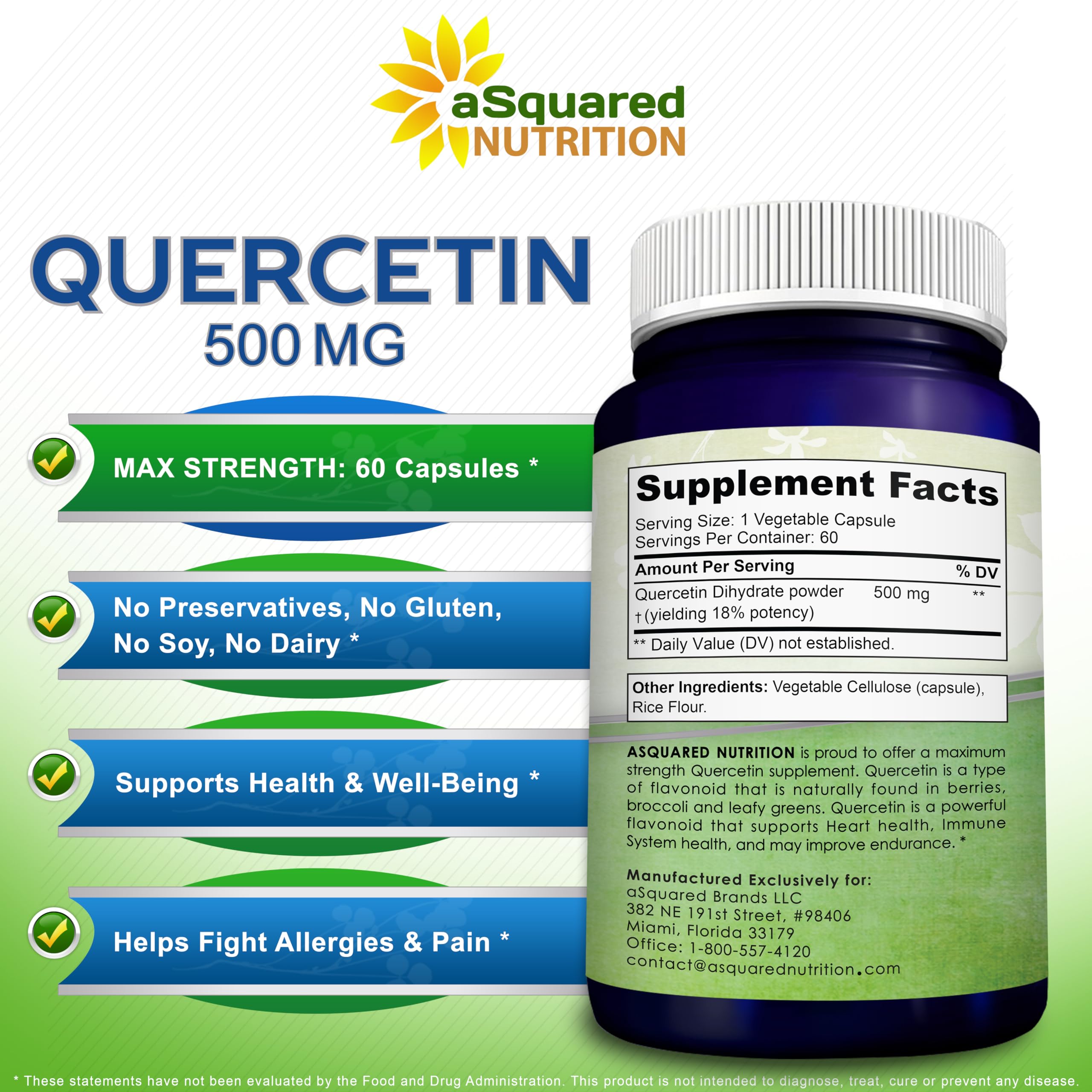 aSquared Nutrition Quercetin 500mg Supplement - 60 Capsules - Quercitin Dihydrate Powder Complex Pills to Support Immune Response & Cardiovascular Health - Pure & Max Strength