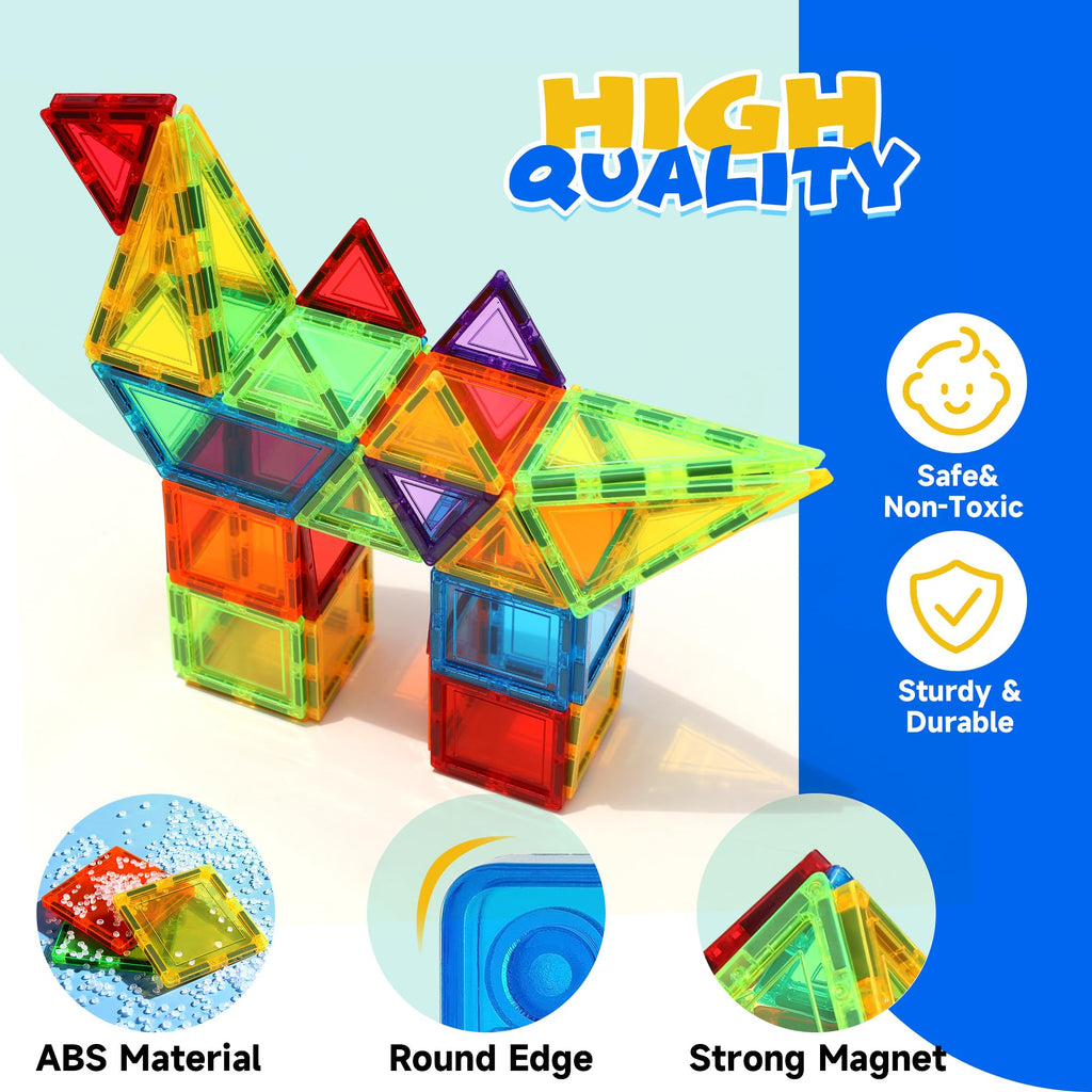 W WISE BLOCK Magnetic Tiles 131 PCS with 2 Cars STEM Toys for Kids Ages 3-8