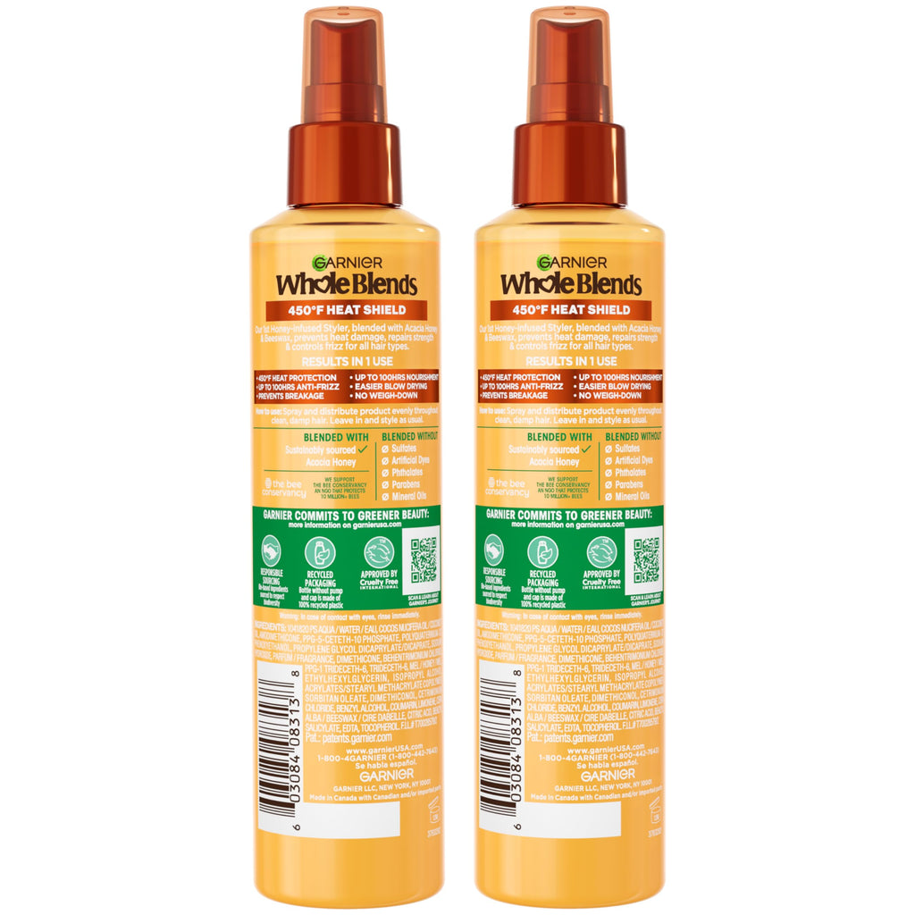 Garnier Whole Blends Hair Honey Milk 450F Heat Protectant Spray, For All Hair Types With Up To 100 Hrs of Frizz Control, 8.5 Fl Oz, 2 Count