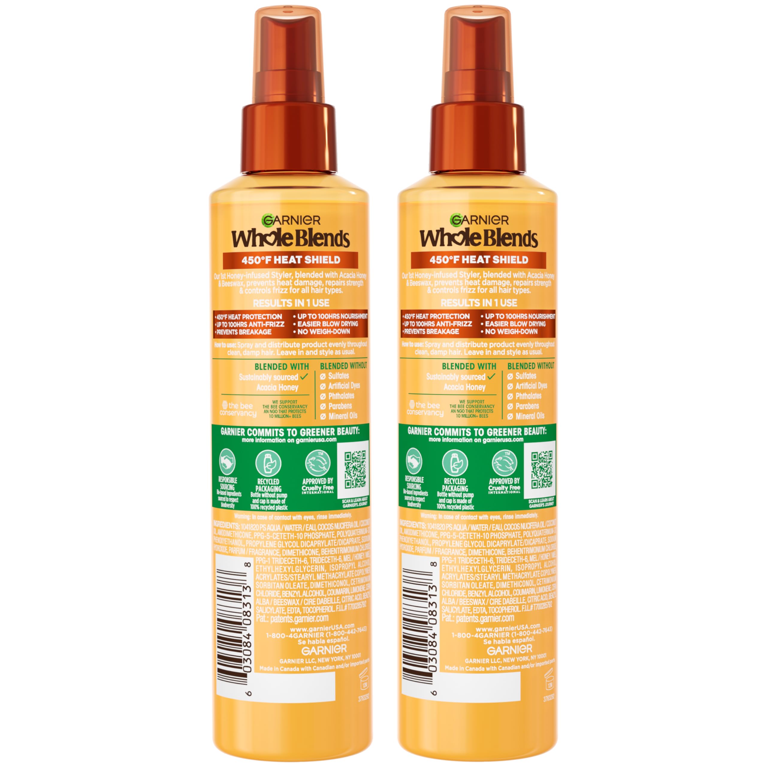 Garnier Whole Blends Hair Honey Milk 450F Heat Protectant Spray, For All Hair Types With Up To 100 Hrs of Frizz Control, 8.5 Fl Oz, 2 Count