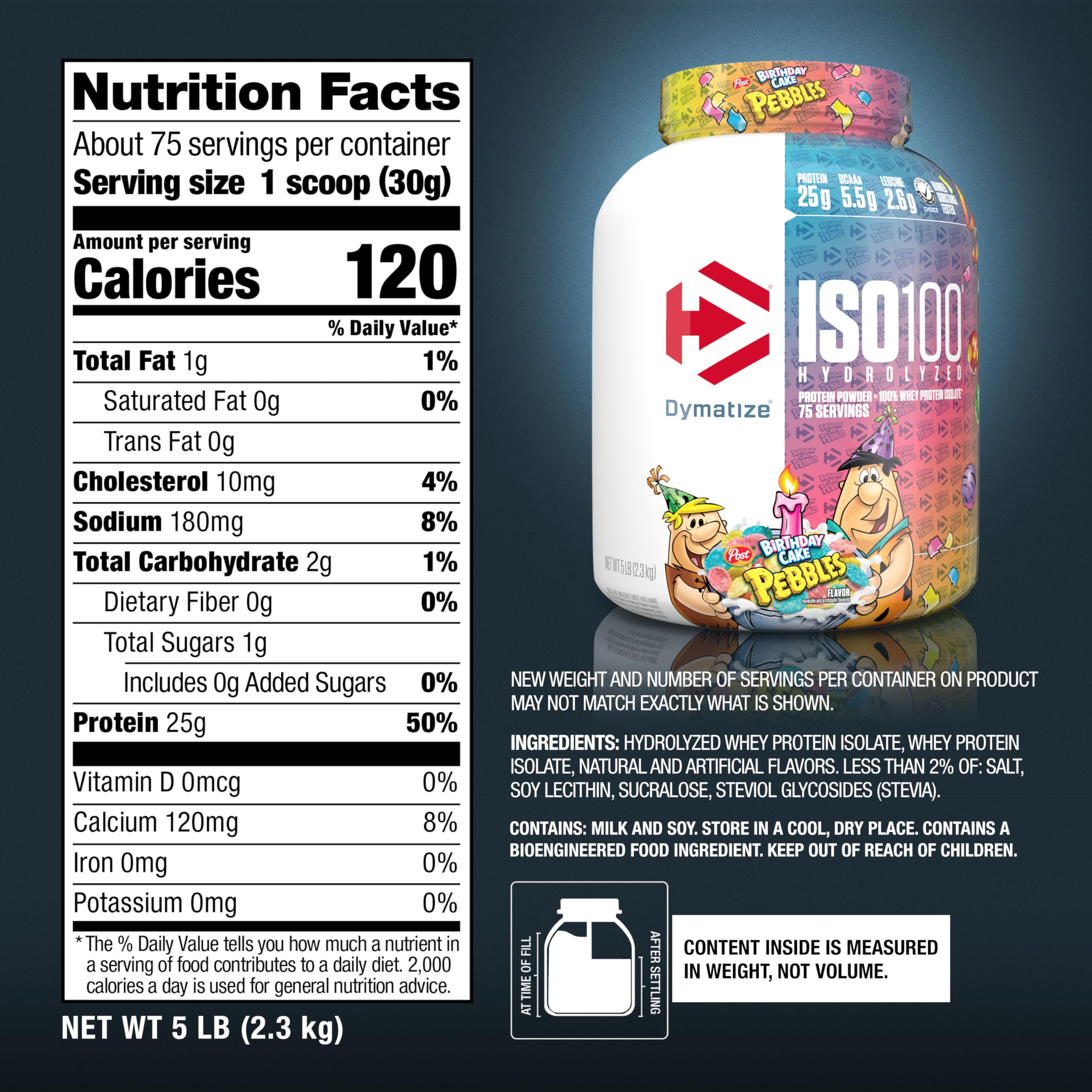 Dymatize ISO100 Whey Protein Powder Isolate, Birthday Cake, 25g of Protein, 5 Pound, 5.5g BCAAs, Less Than 120 Cal., Gluten Free, 1g Fat, 1g Sugar, 2g Carb (75 Servings)