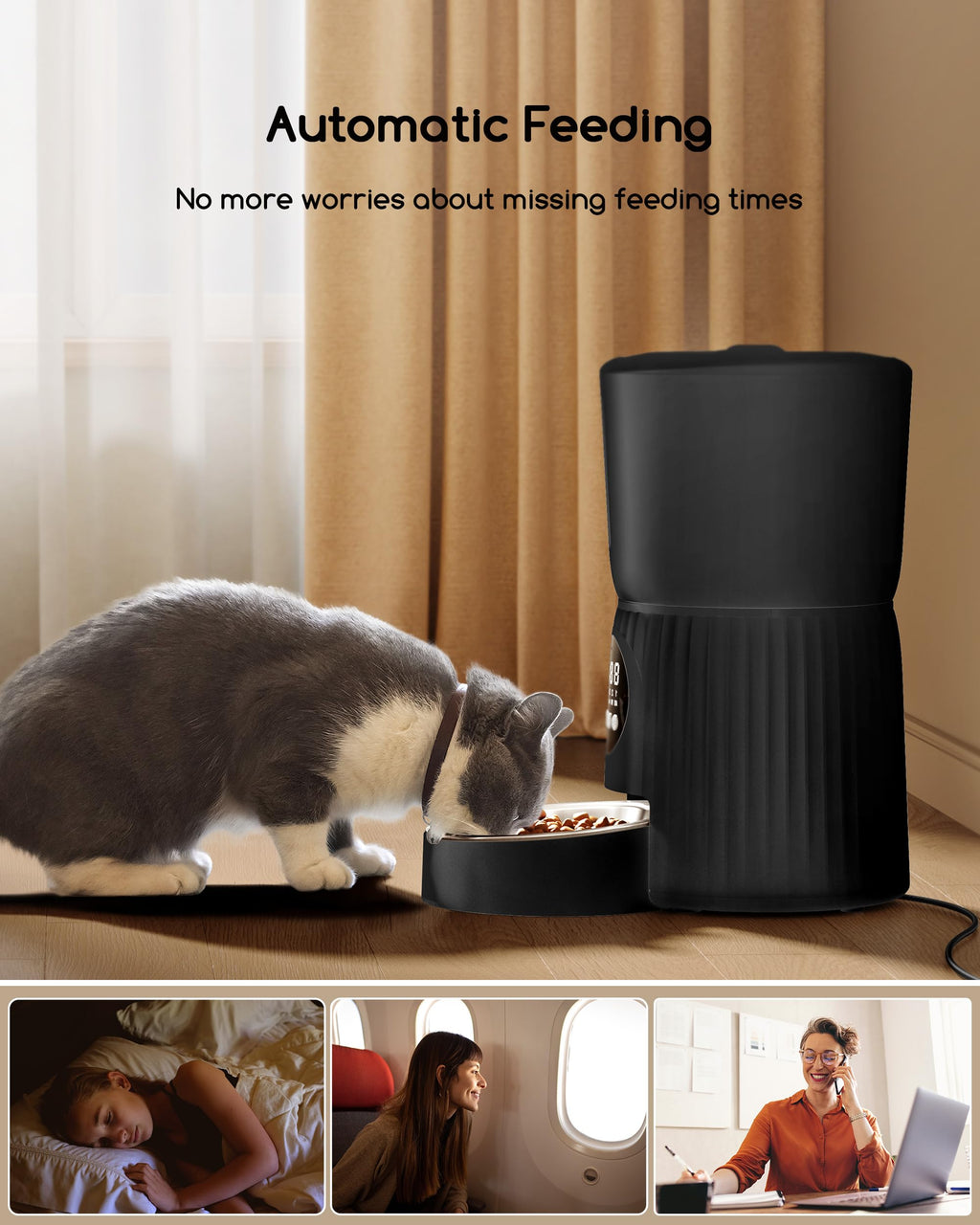 Faroro Automatic Cat Feeder, 4L Cat Food Dispenser with Portion Control, 1-6 Meals Per Day, 10s Voice Recording, Slow Feed, Dual Power Supply for Cats and Small Dogs (Black)