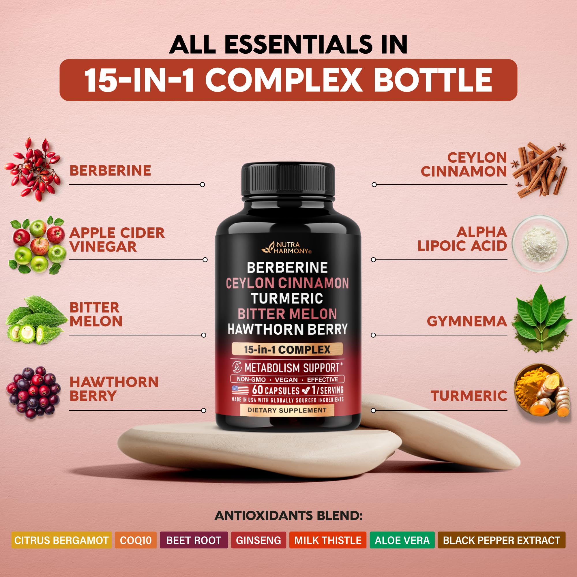 Berberine with Ceylon Cinnamon | Bitter Melon (Karela) | Apple Cider Vinegar | Hawthorn Berry | Citrus Bergamot | Turmeric - 15-in-1 Supplement for Heart Metabolism & Energy Support - 60 Capsules