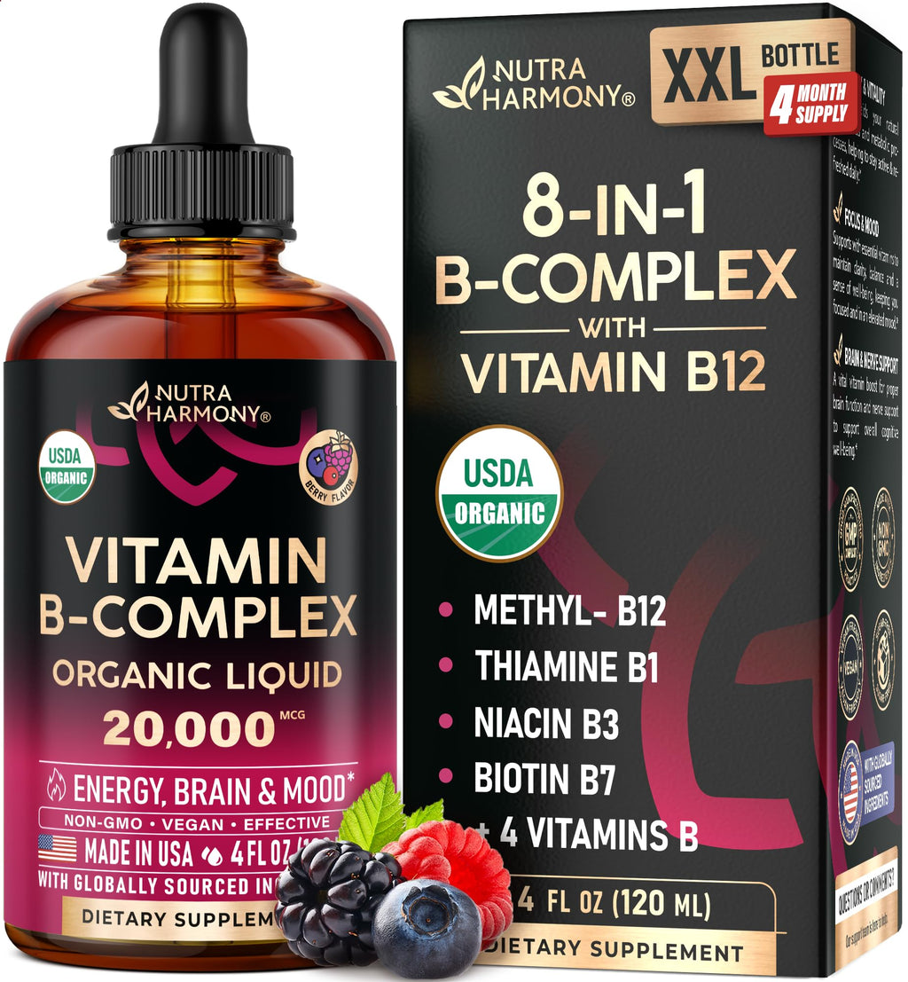 USDA Organic Vitamin B-Complex B5 Pantothenic Acid | B12 Methylcobalamin | B1 Thiamine | B6 Pyridoxine | B7 Biotin | B9 Folic | B3 Niacinamide - B Complex Liquid Drops, Natural Berry Flavor, 4fl oz