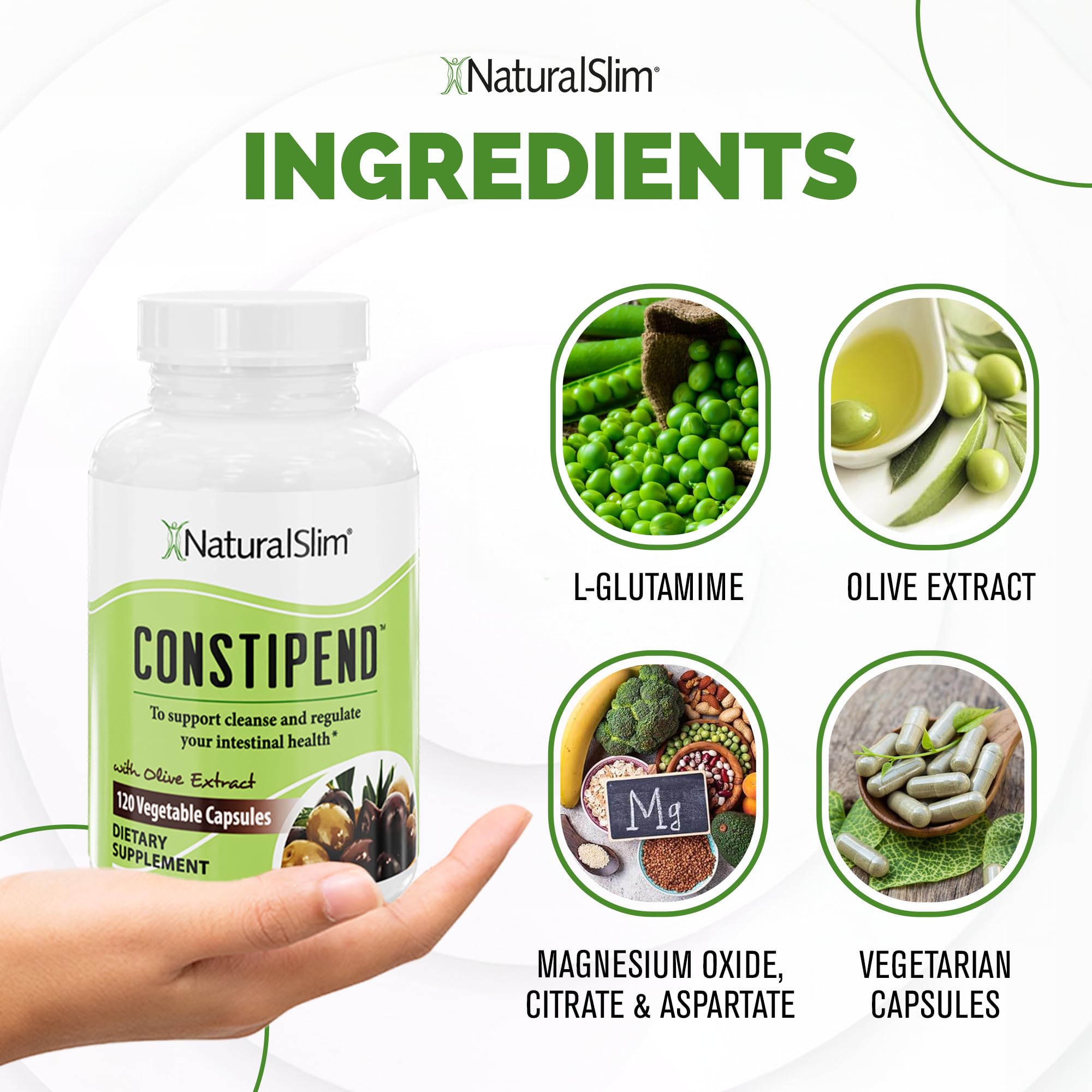NaturalSlim Constipend Magnesium Oxide for Constipation Relief, Colon Cleanser & Stool Softener for Women & Men with Magnesium Citrate, Aspartate & Olive Extract, 120 Vegetable Capsules – 1 Pack