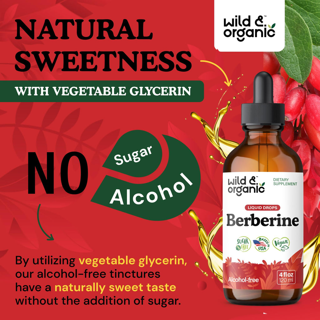 Wild & Organic Berberine Drops HCL 500mg - Antioxidant Support - 4 fl oz