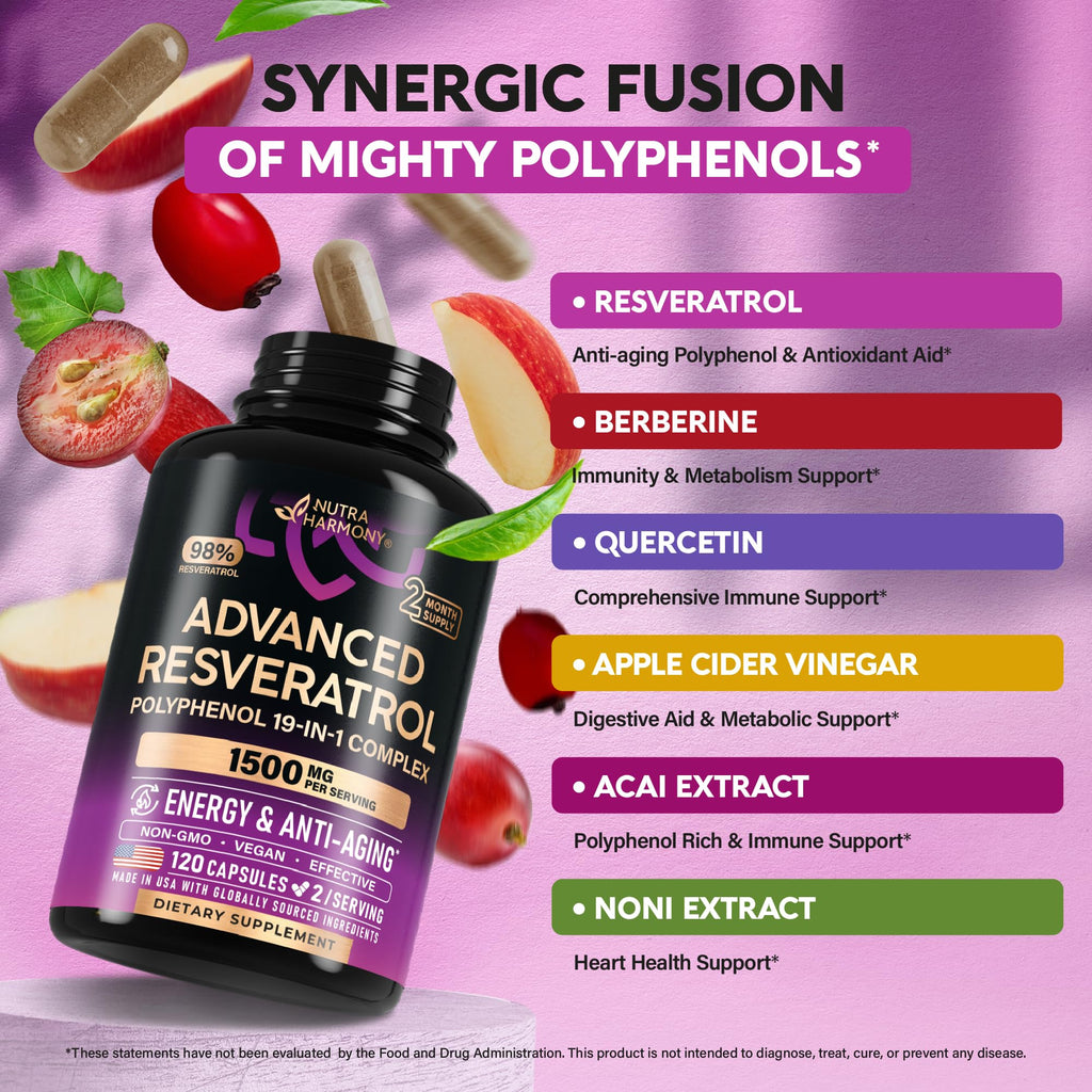 Resveratrol Supplement - 19-in-1 Organic Polyphenol Complex - Noni Extract | Berberine | Quercetin | Apple Cider Vinegar | Acai - for Women & Men - Antioxidant & Heart Health Support - 120 Capsules