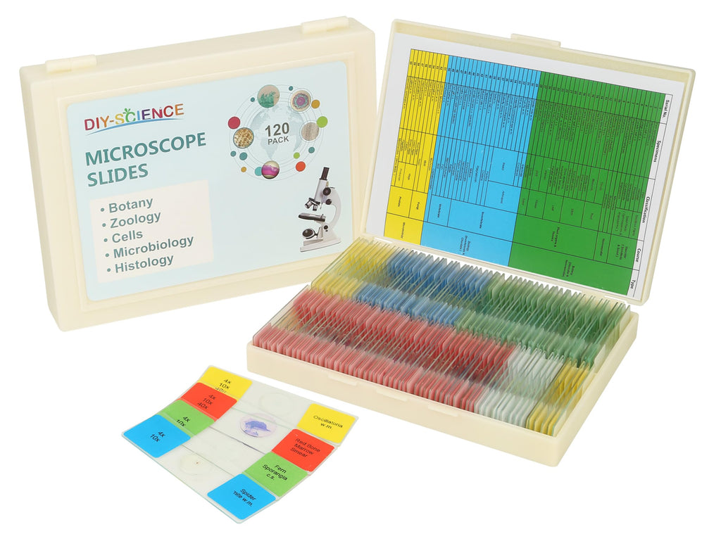 120 Microscope Slides with Specimens Set, Lab-Grade Prepared Microscope Slides for Kids Adults, Animal/Plant/Microbe/Tissue/Cells, STEM Biology Kit for Homeschool, Classroom Labs & Science Education