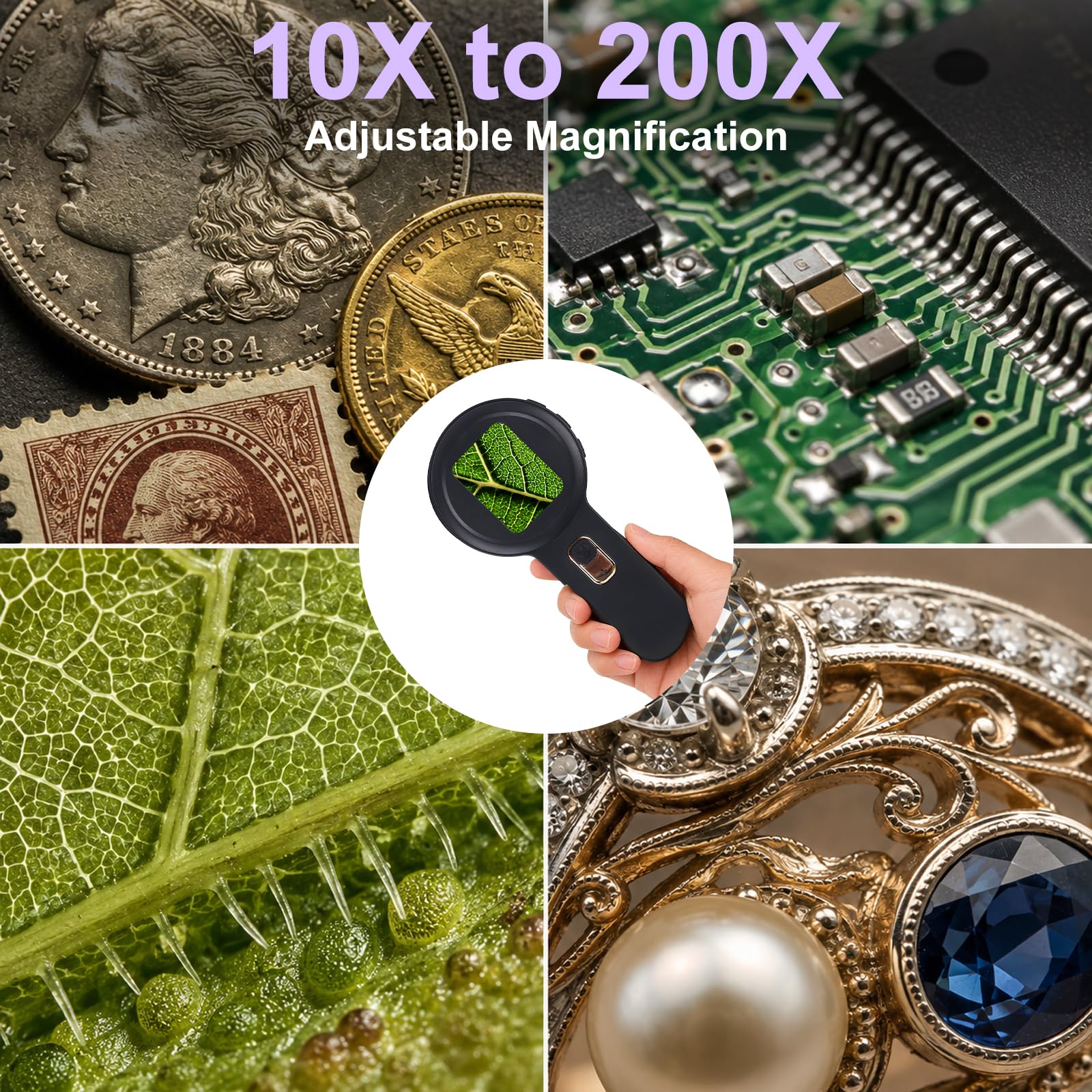 10-200X Autofocus Digital Microscope, Portable Handheld Scope with 2in IPS Screen & Dual LED Light, Electronic Magnifier for Coin Check, Suitable for Adults and Children, Black