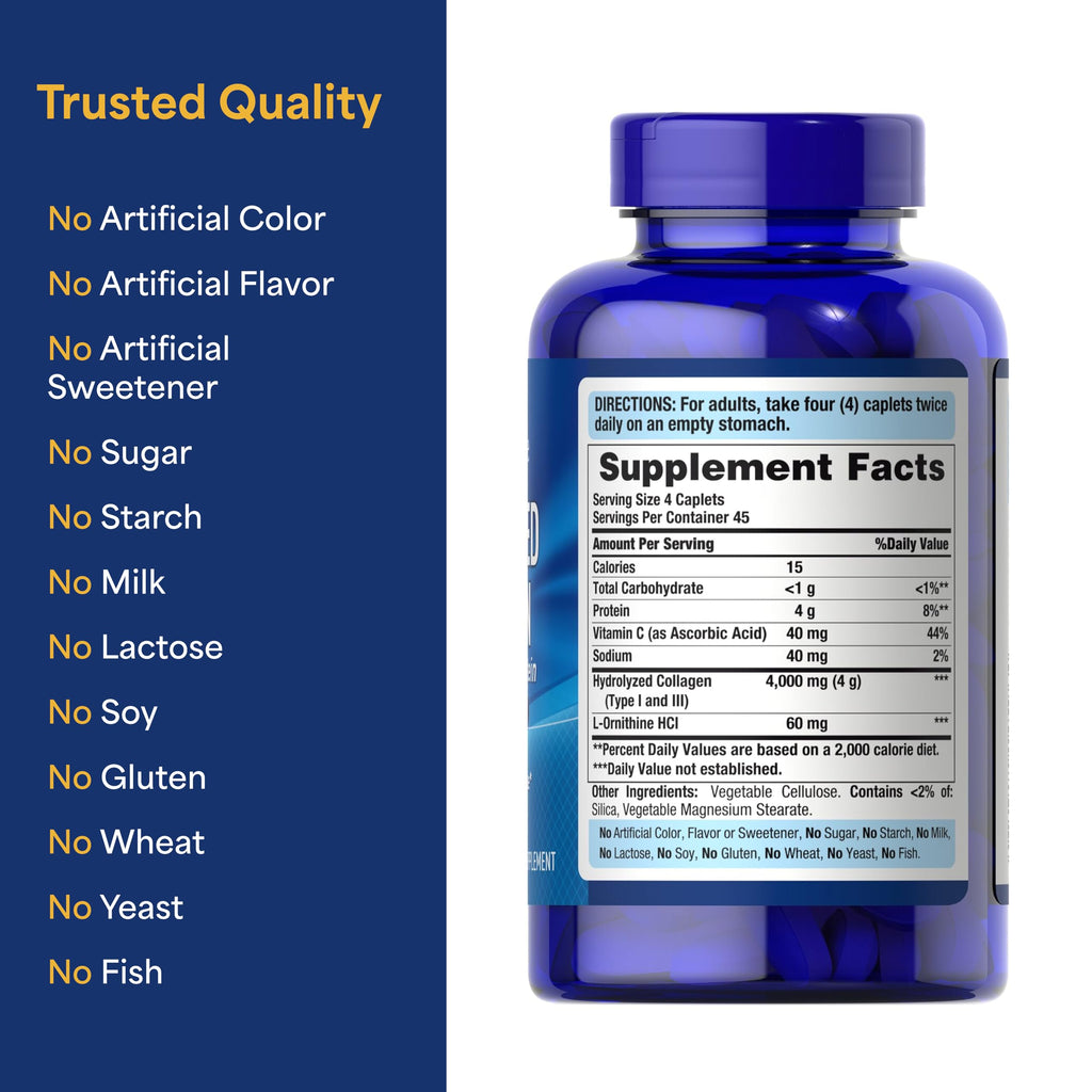 Puritan's Pride Hydrolyzed Collagen Pro-Structural Protein for Men and Women 1000mg, Dietary Supplement for Skin, Bones and Joints, 180 Caplets