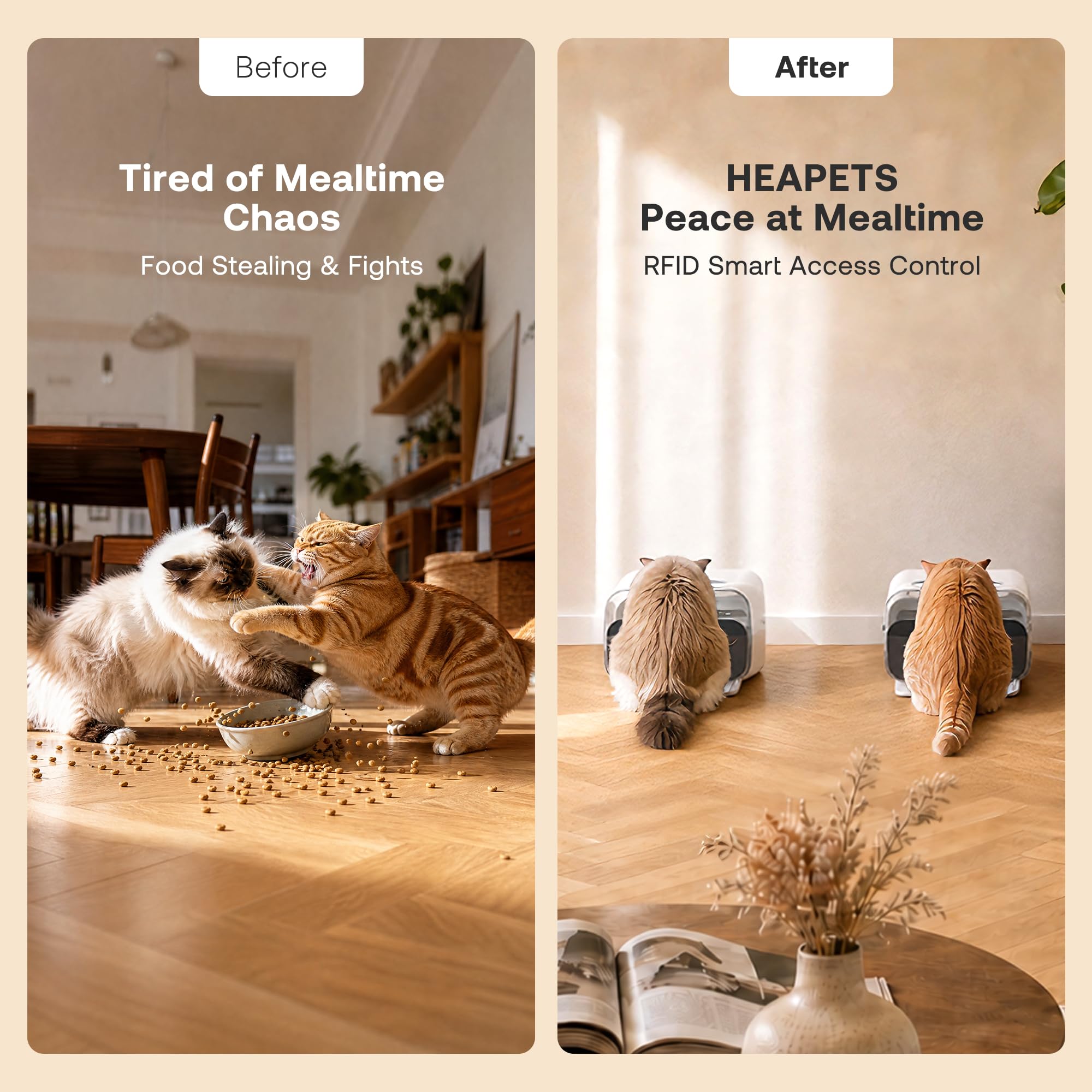HEAPETS RFID Automatic Cat Feeder with Collar Sensor, Anti-Stealing Food Dispenser with Sealed Lid for Wet Dry Food and Different Diet for Multi-Pet Home, Auto Pet Feeder for Cats & Small Dogs, White