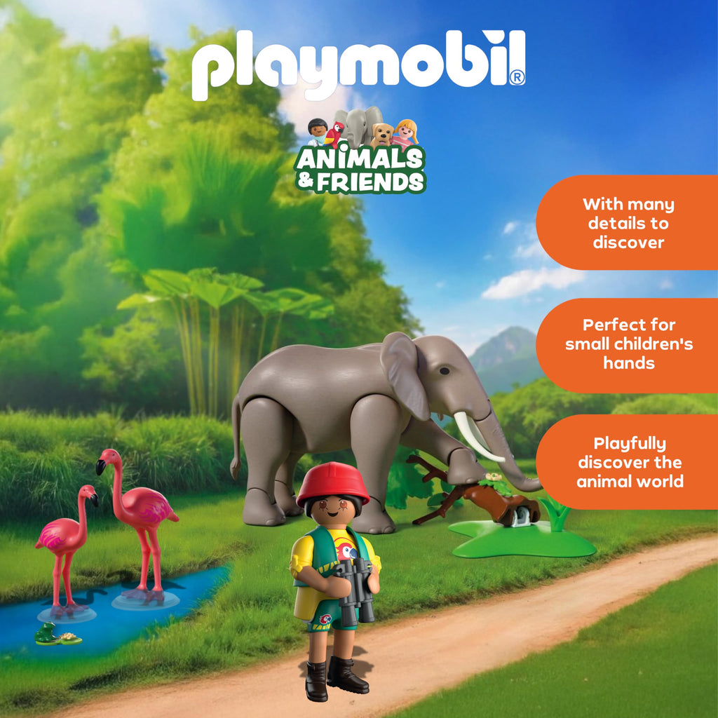 Playmobil | Animal and Friends | Elephant with Animal Keeper | Zoo Toy Set with 4 Animals and Enclosure Accessories | for Children Aged 4 and up | 72068