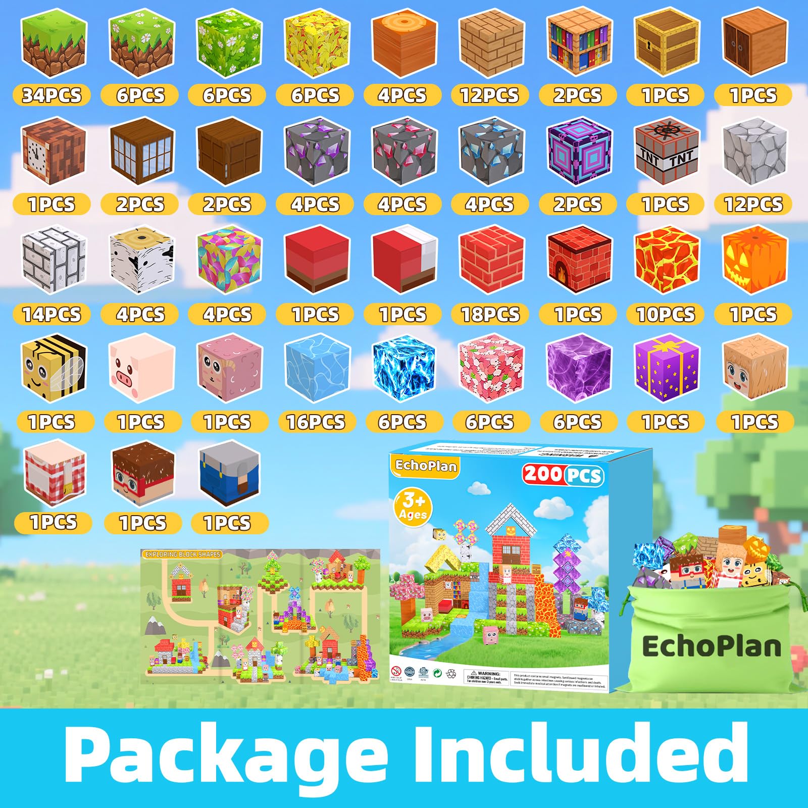 EchoPlan 200PCS Magnetic Blocks, Magnetic Building Blocks, Magnet Blocks Cubes, STEM Educational Stacking Magnet Toy for Kids Ages 3 4 5 6 7 8 9 10 11, Birthday Gifts for Boys and Girls, 1" Large Size