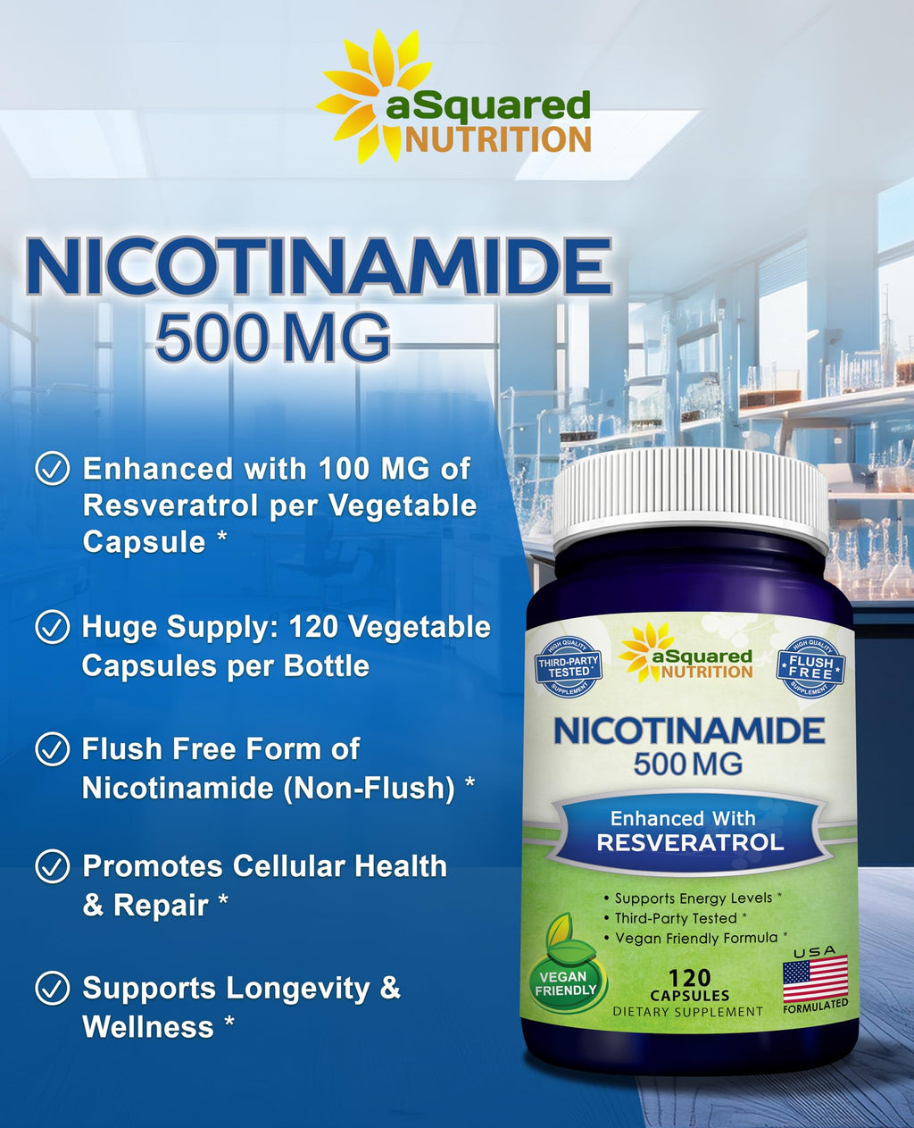 aSquared Nutrition Nicotinamide with Resveratrol - 120 Veggie Capsules - Vitamin B3 500mg (Niacinamide Flush Free) - Supplement Pills to Support NAD, Skin Cell Health & Energy (Pack of 2)