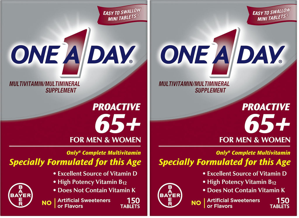 ONE A DAY Proactive 65+, Mens & Womens Multivitamin, Supplement with Vitamin A, C, D, and Zinc to Support Bone Health & Cell Health, Calcium, Folic Acid, Tablet 150 Count (Pack of 2)