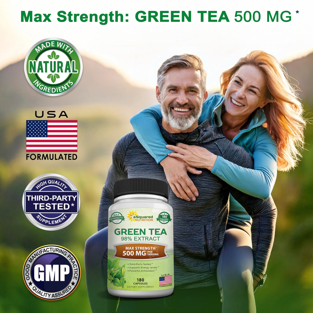 aSquared Nutrition Green Tea Extract with EGCG – 180 Capsules – 500mg per Capsule – 75% Polyphenols, 45% EGCG – Antioxidant Support, Heart Health, Natural Detox – Low Caffeine Supplement