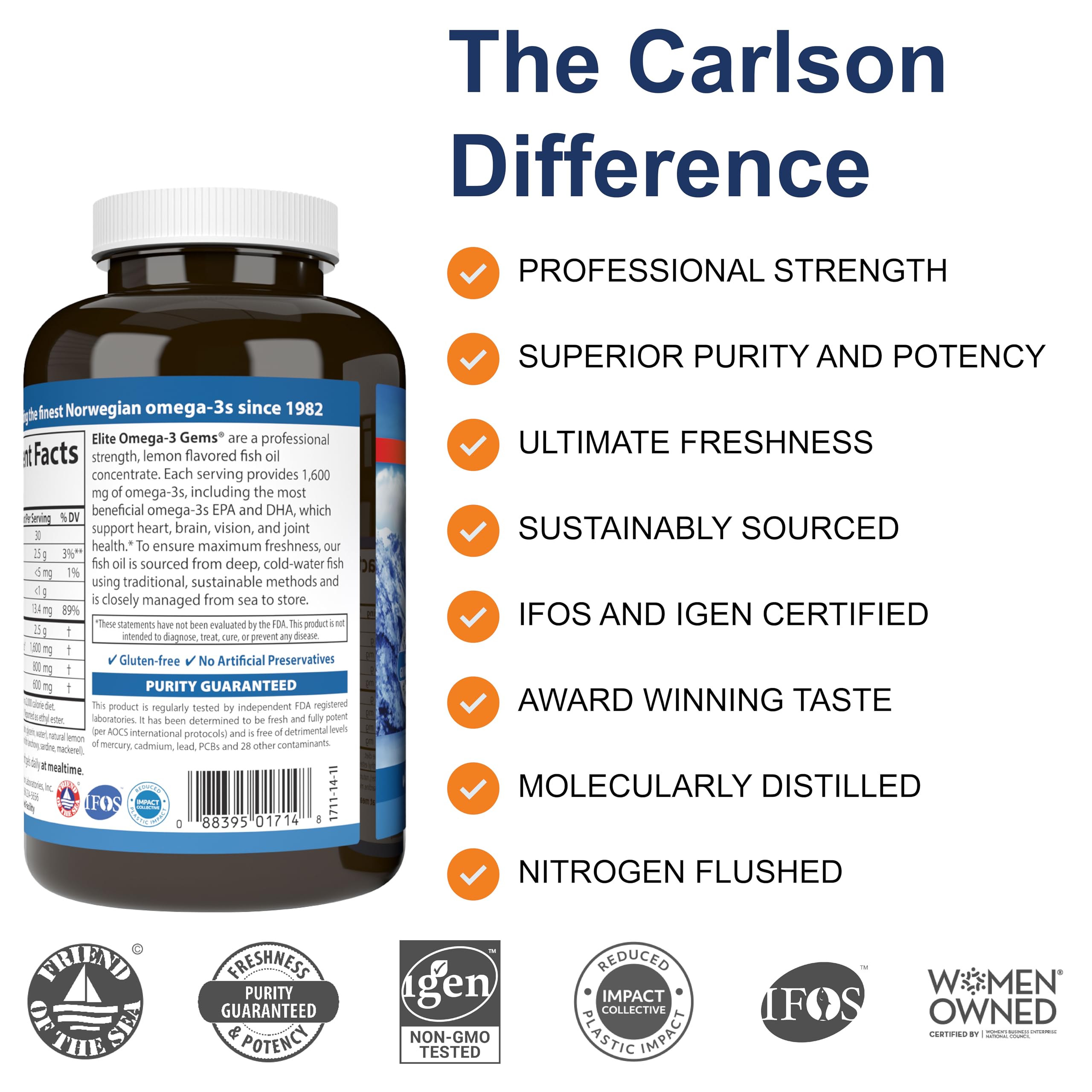 Carlson - Elite Omega-3 Gems, 1600 mg Omega-3 Fatty Acids Including EPA and DHA, Norwegian Fish Oil Supplement, Wild Caught, Sustainably Sourced Fish Oil Capsules, Lemon, 90+30 Softgels