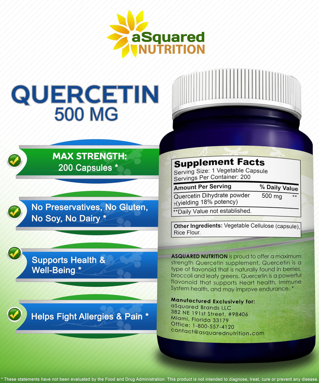 aSquared Nutrition Quercetin 500mg Supplement - 200 Capsules - Quercetin Dihydrate to Support Cardiovascular Health - Max Strength Powder Complex Pills to Help Improve Immune Response
