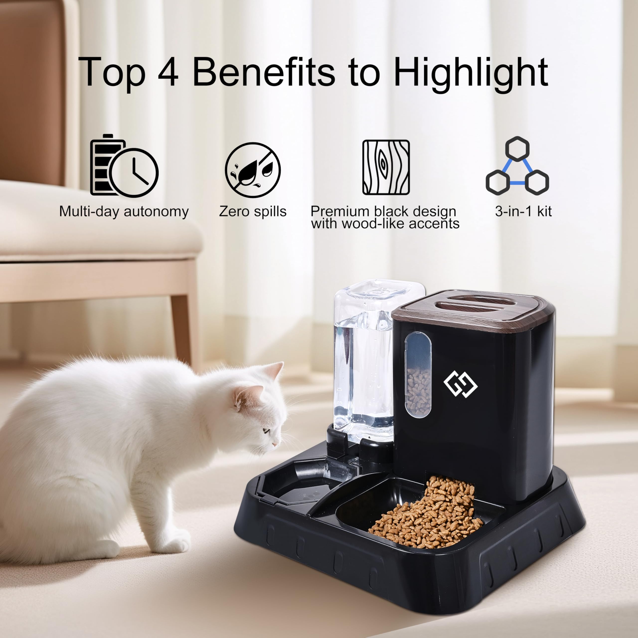 Gravity Cat Feeder & Automatic Water Dispenser – 3-in-1 Cat Feeding Station with Absorbent Feeding Mat, Spill-Proof Automatic Cat Feeder for Indoor Cats, Small Dogs & Multi-Pet Homes