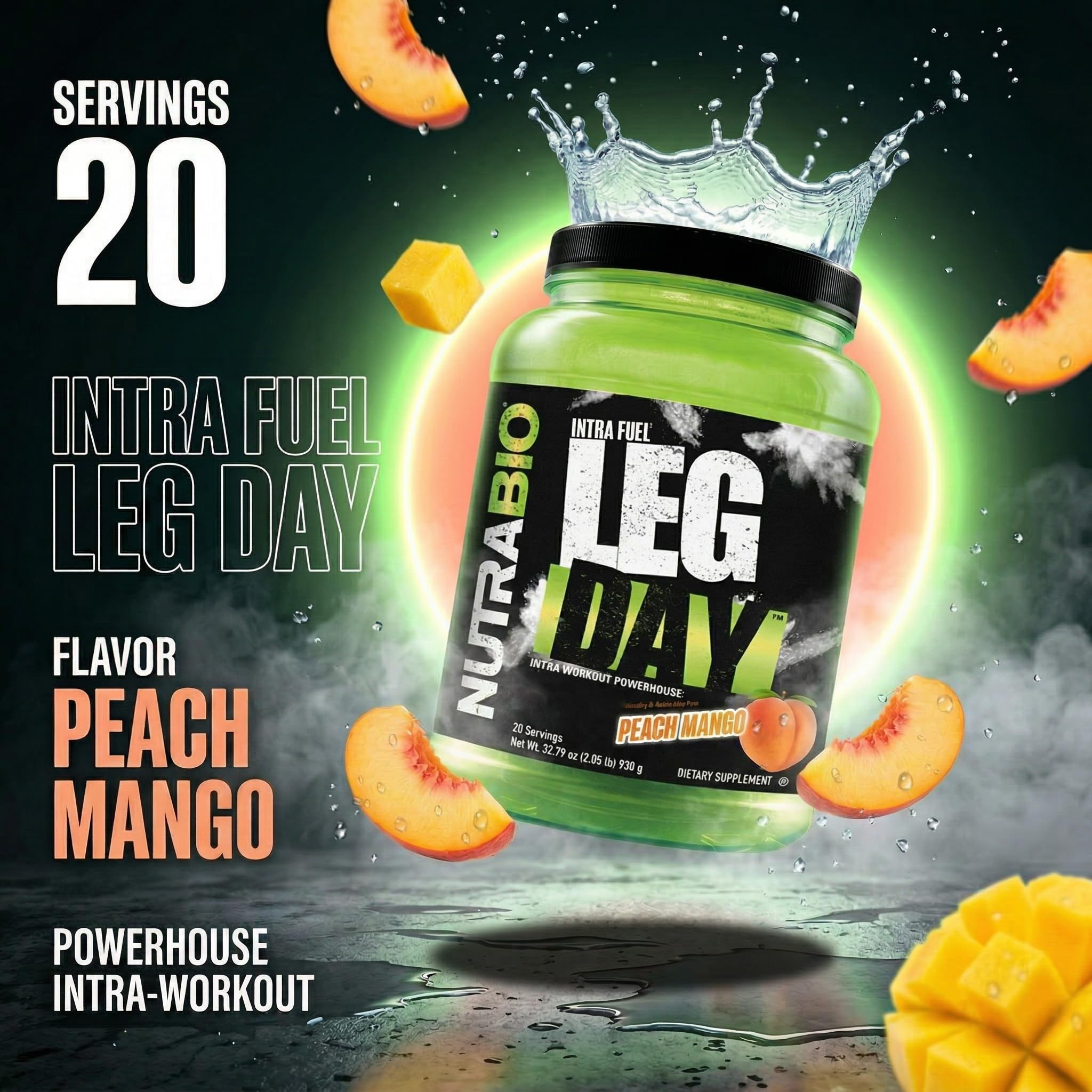 NutraBio Leg Day Intra Workout Powder - Advanced Carb Supplement with Cluster Dextrin & Electrolytes - Carb Powder with EAAs/BCAAs - Cyclic Dextrin for Performance - Peach Mango - 20 Servings