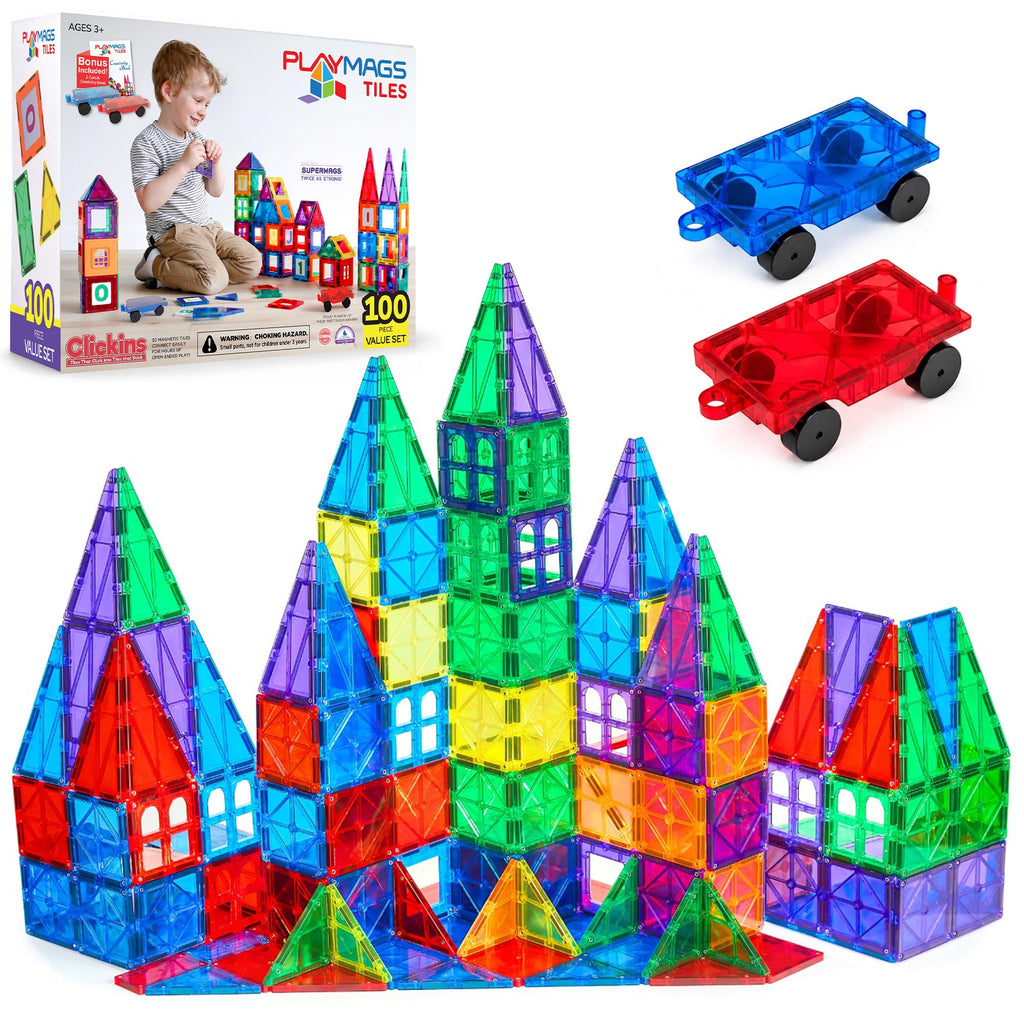 Playmags Magnetic Tiles for Kids 100-Piece Set, STEM Educational Building Blocks Toys for Kids, Includes Click-in ABC Learning Tiles, Gift for Boys & Girls, Add on Magnetic Figures, Car Set Available