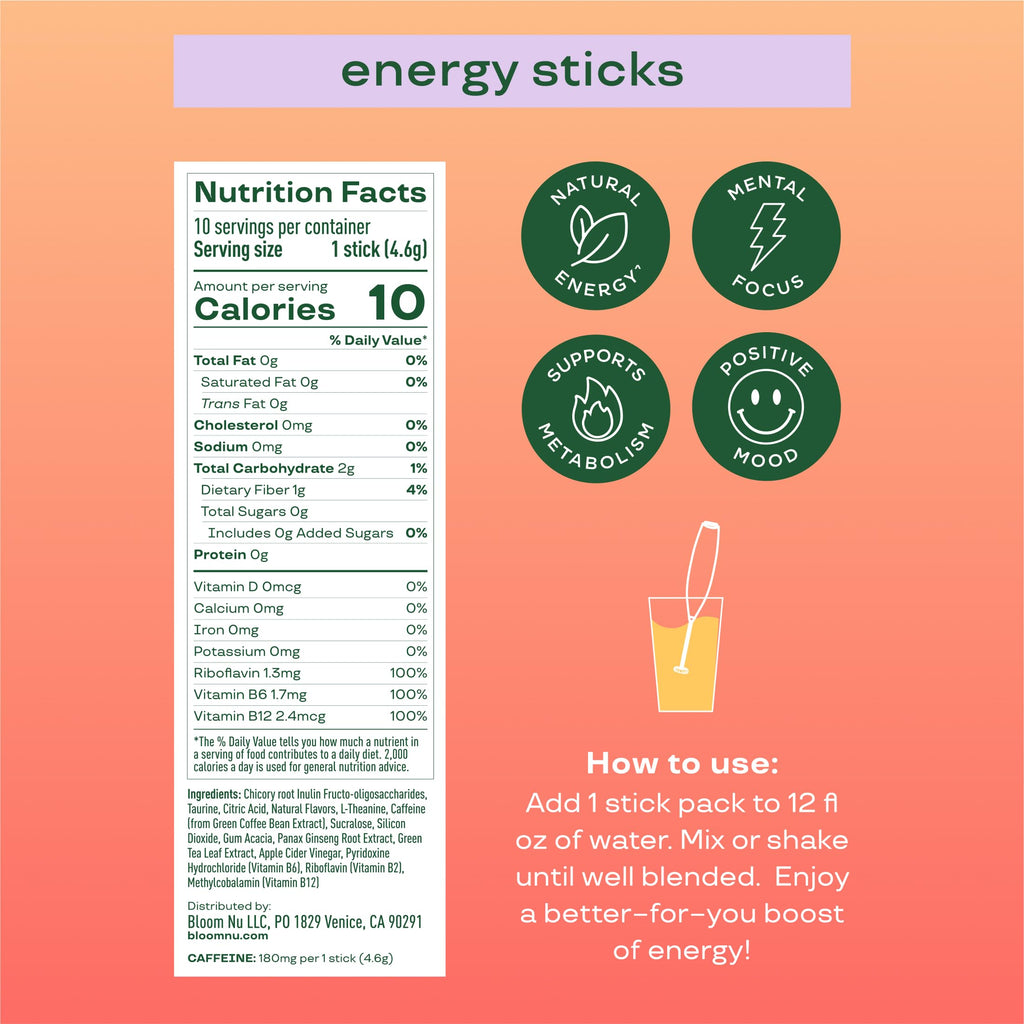 Bloom Nutrition Energy Drink Powder Packets, Sugar Free Energy Drink Mix with L-Theanine, B Vitamins & Natural Caffeine, On the Go Powder Sticks for Natural Energy, 10 Calories (10 Pouches (Pack of 1), Peach Mango)