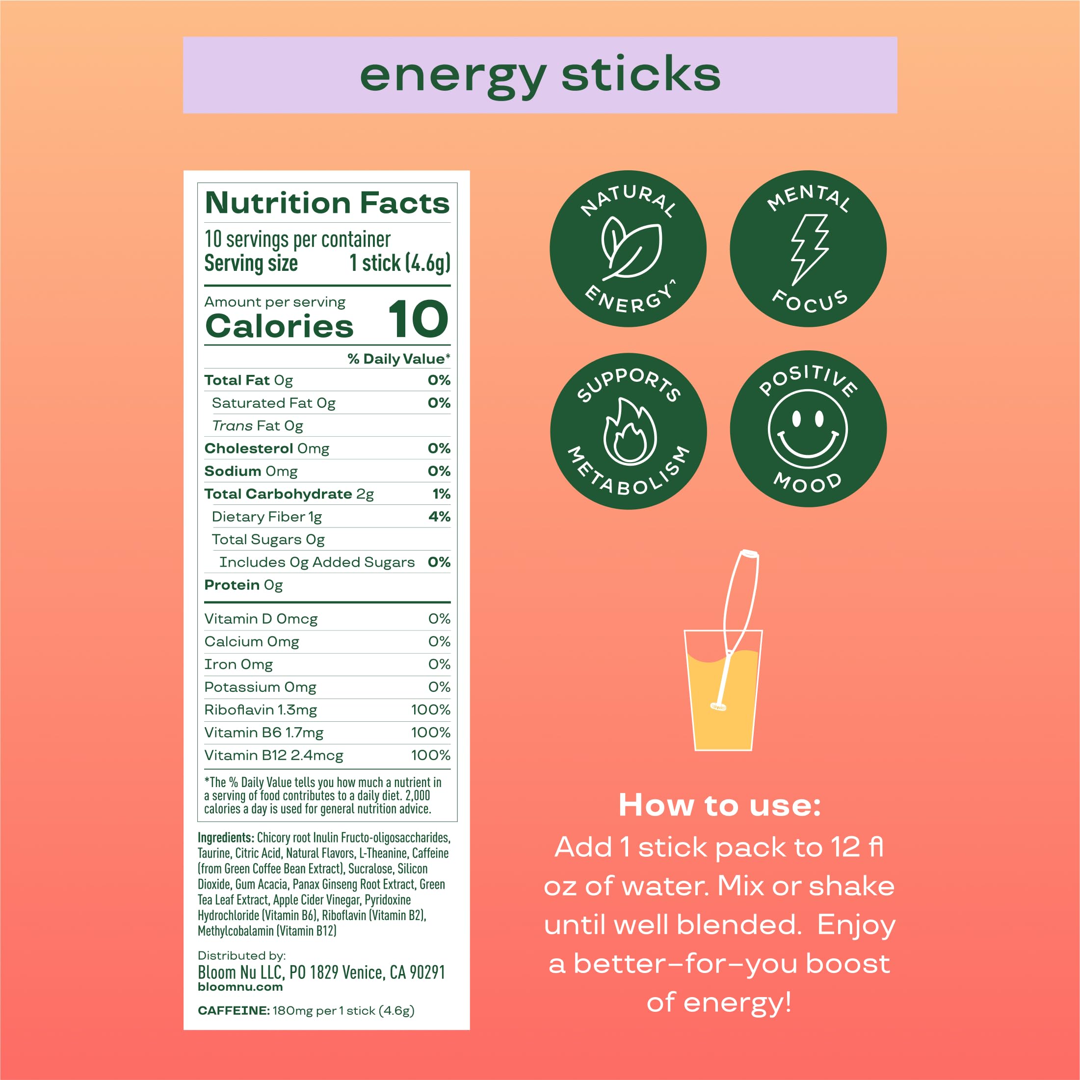Bloom Nutrition Energy Drink Powder Packets, Sugar Free Energy Drink Mix with L-Theanine, B Vitamins & Natural Caffeine, On the Go Powder Sticks for Natural Energy, 10 Calories (10 Pouches (Pack of 1), Peach Mango)