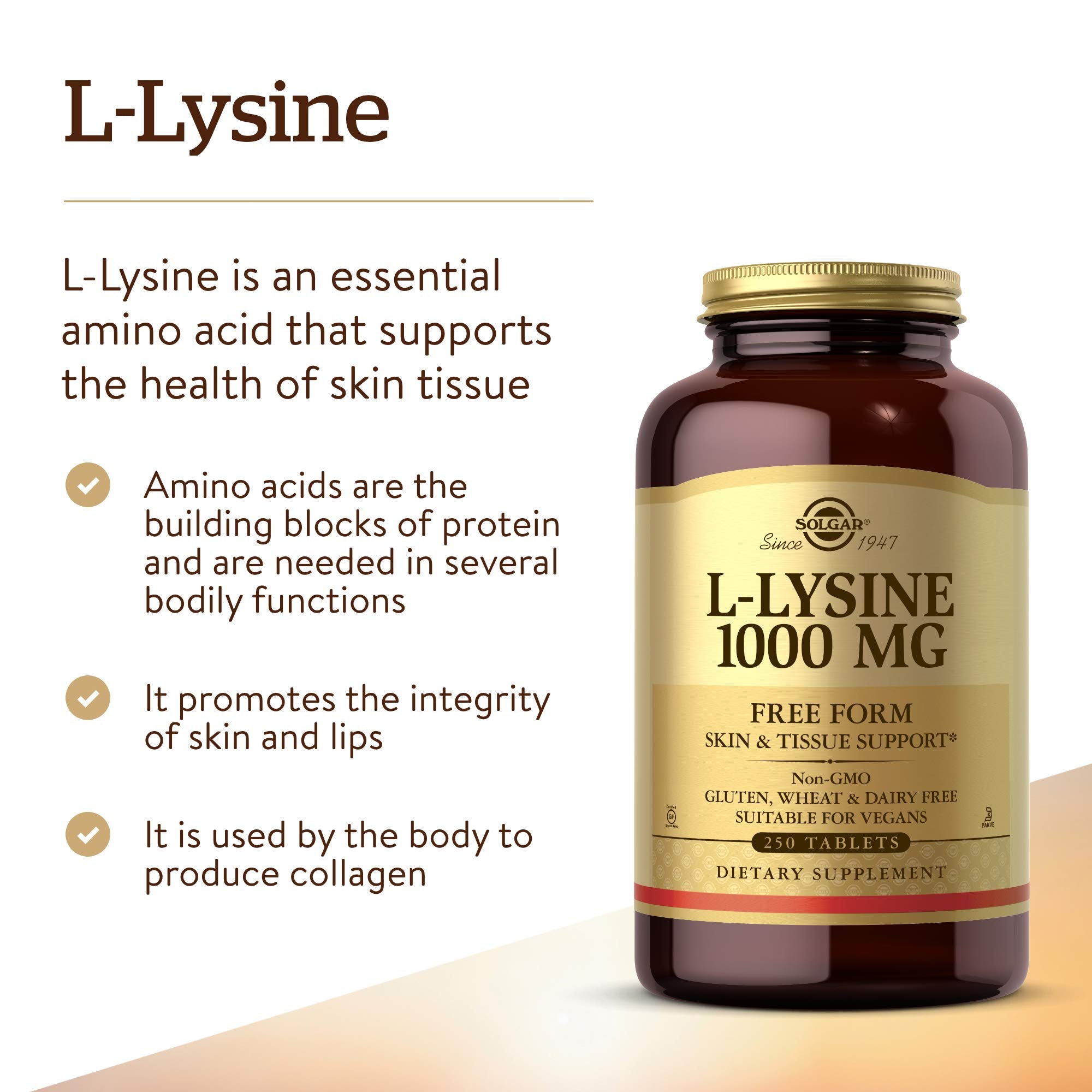 Solgar L-Lysine 1000 mg, 250 Tablets - Enhanced Absorption and Assimilation - Promotes Integrity of Skin and Lips - Collagen Support - Amino Acids - Non-GMO, Vegan, Gluten Free-250 Servings(Pack of 2)