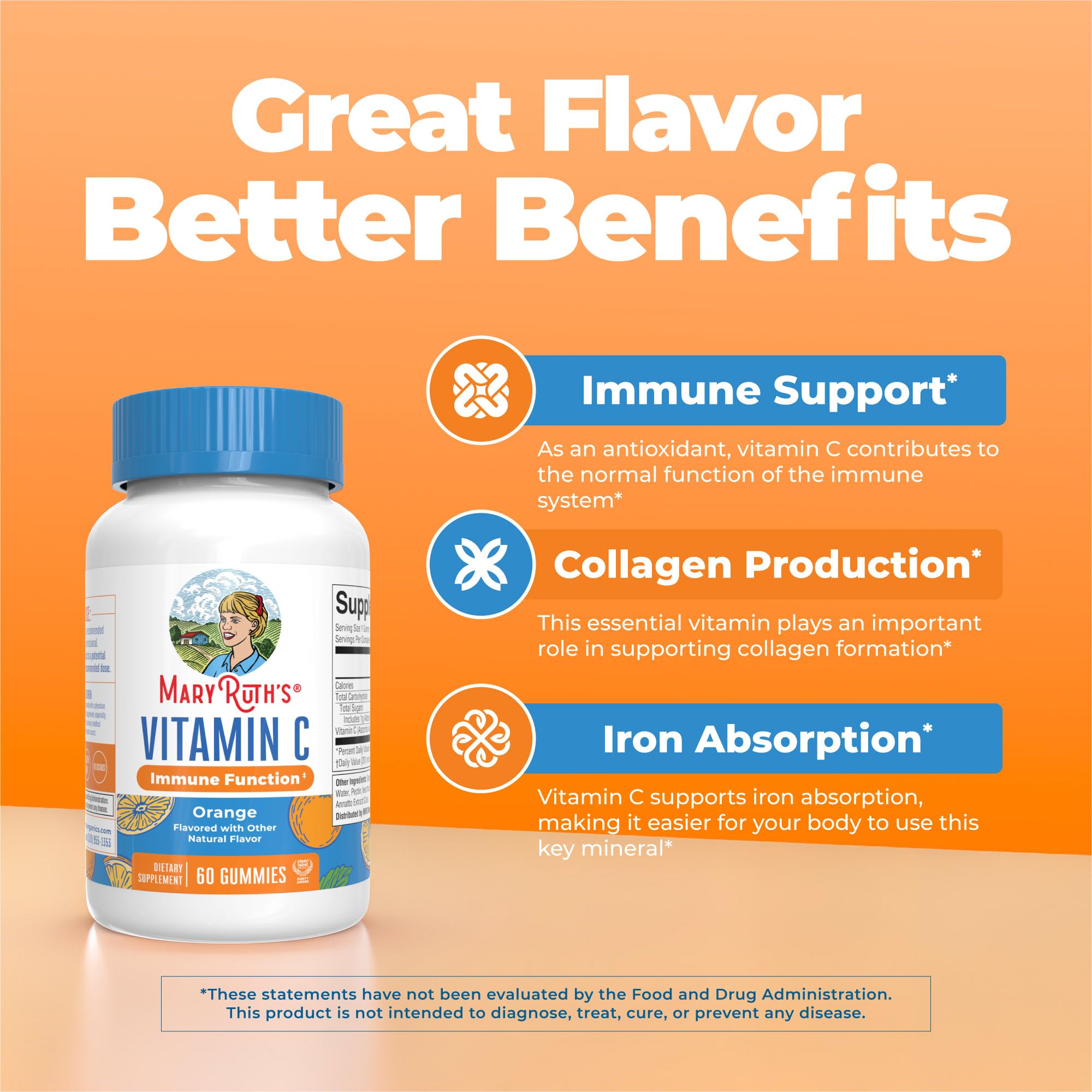 MARYRUTH'S Vitamin C Gummies for Adults&Kids, Orange, 60 ct, 2-Month Supply