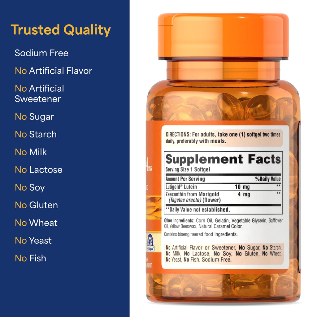 Puritan's Pride Zeaxanthin 4mg with Lutigold™ Lutein 10mg Carotenoids, Dietary Supplement for Healthy Eyes and Vision, 60 Easy-to-Swallow Rapid Release Softgels