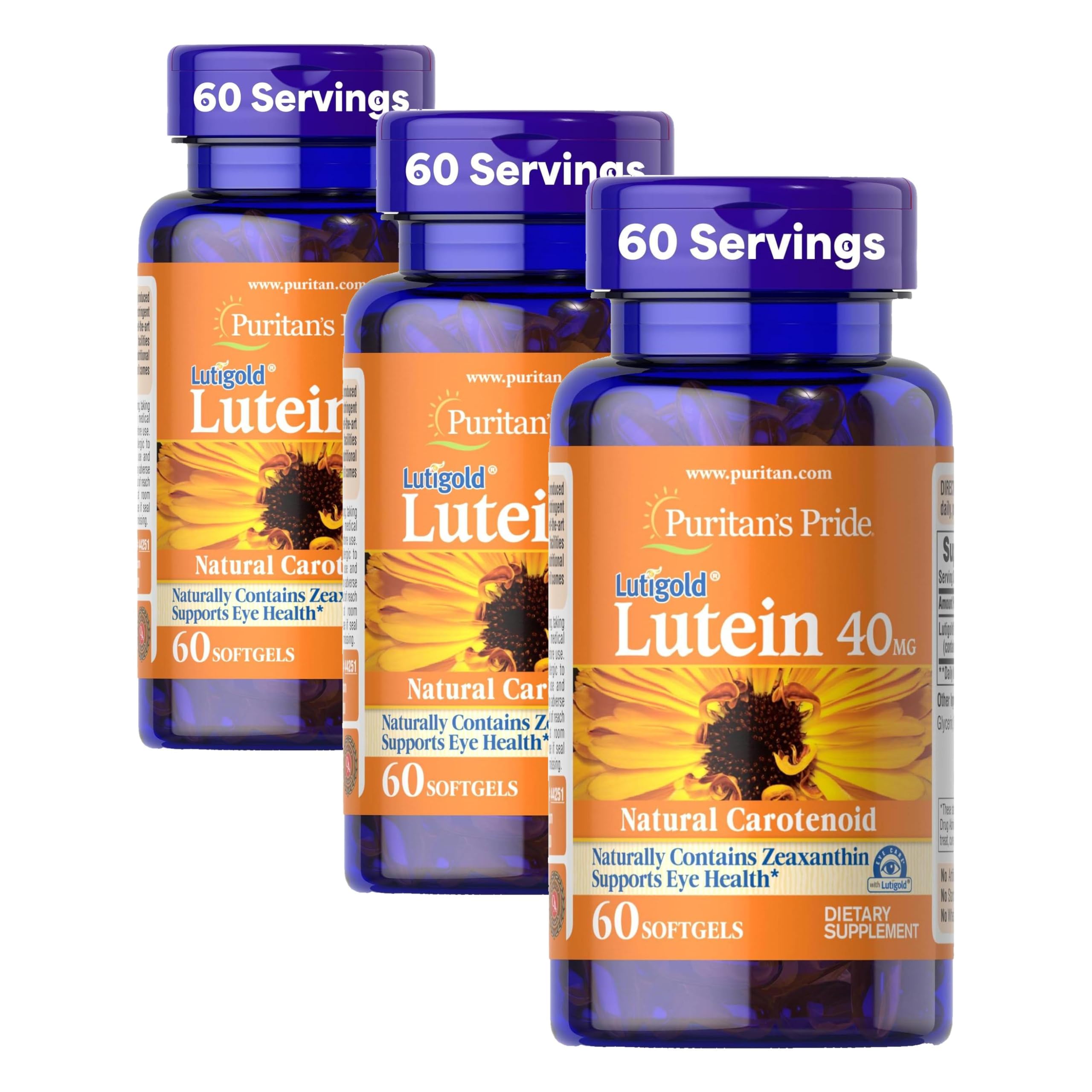 Puritan's Pride Lutein 40 Mg with Zeaxanthin, Helps Support Eye Health*, Whole Bean, 60 Ct, (Pack of 3)